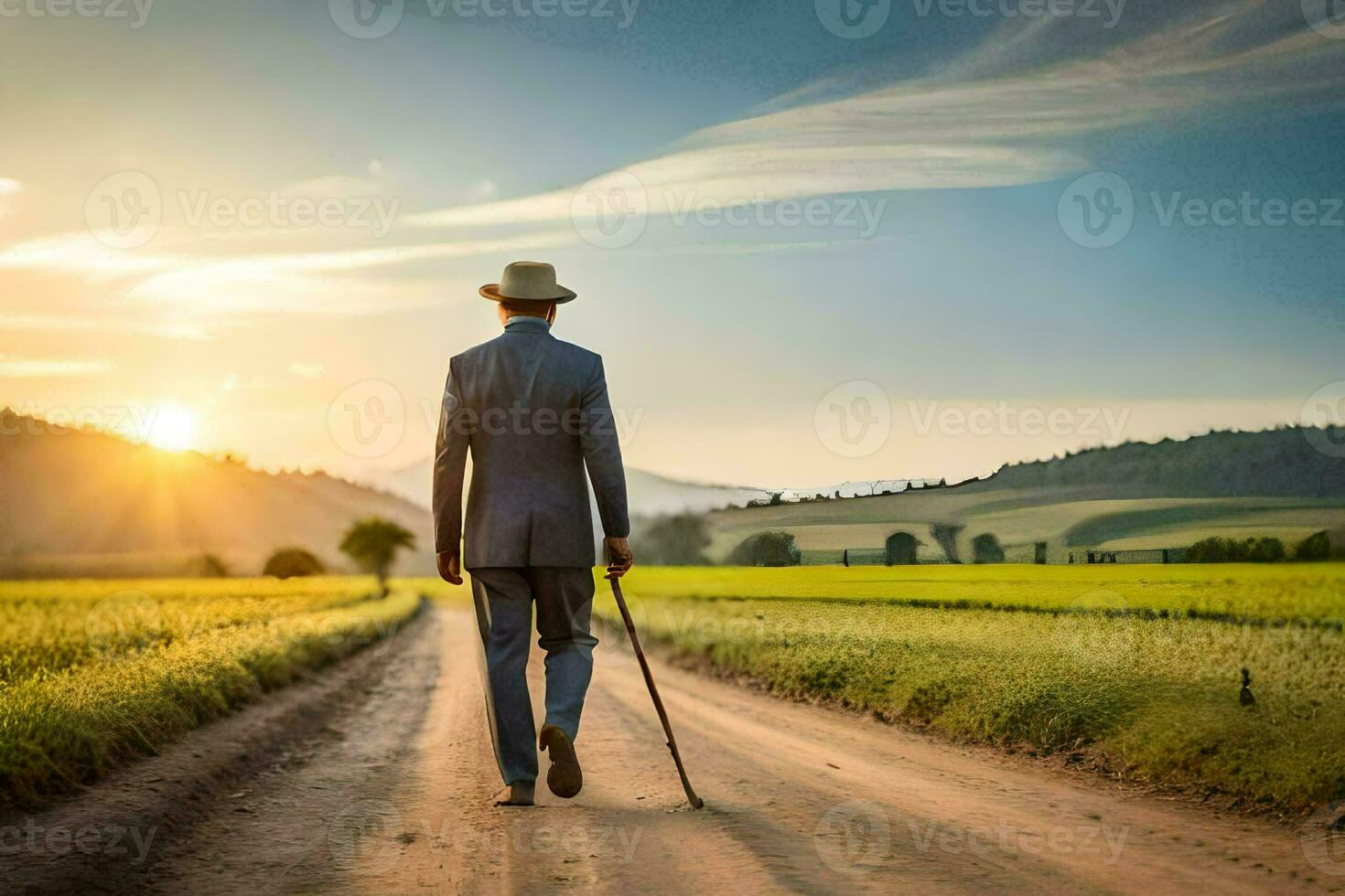 ein Mann im ein passen Spaziergänge Nieder ein Schmutz Straße. KI-generiert foto