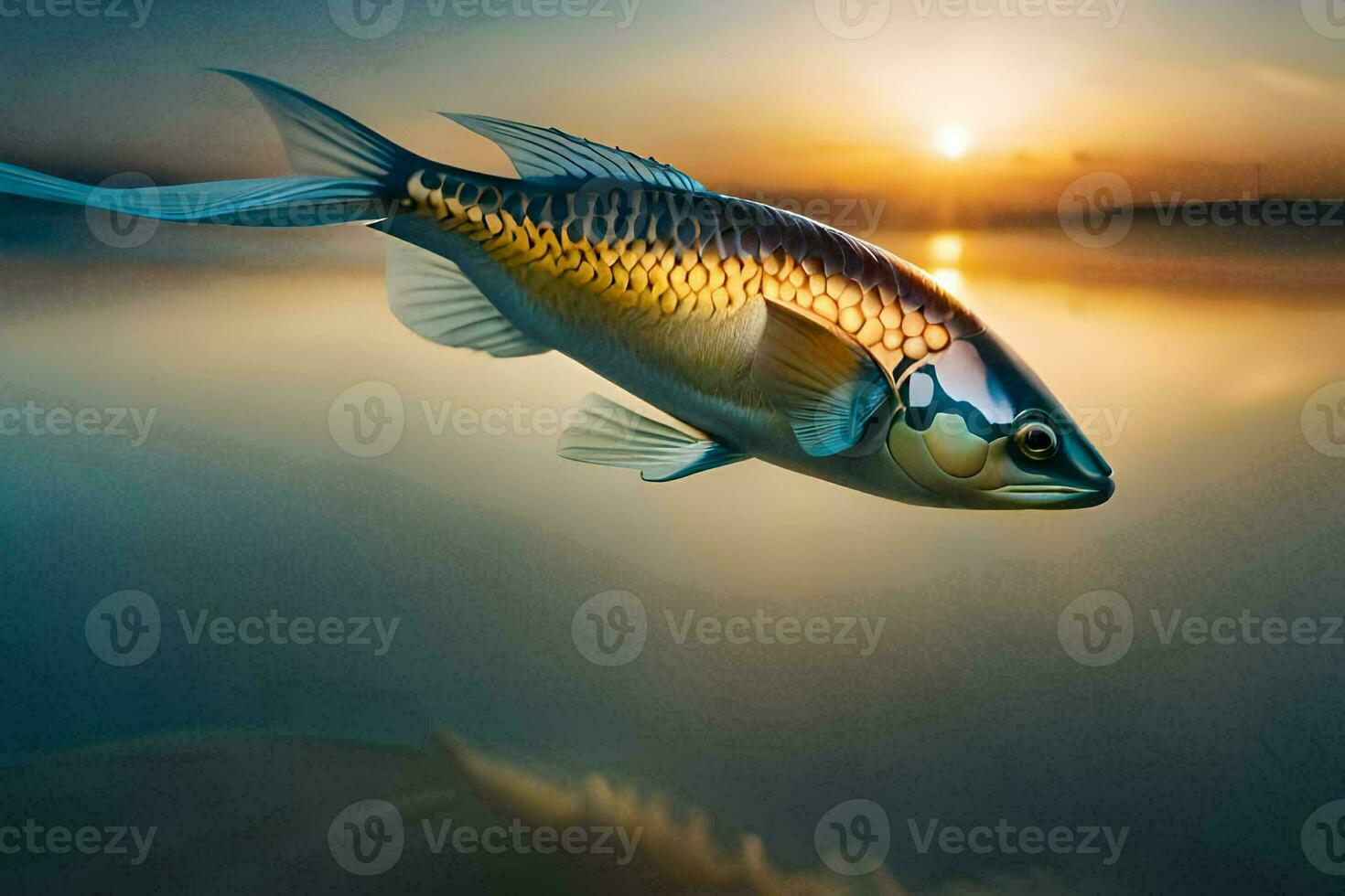 ein Fisch ist fliegend Über das Wasser beim Sonnenuntergang. KI-generiert foto