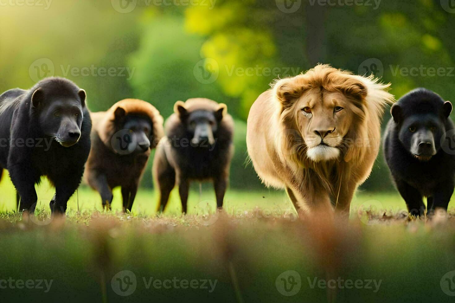 ein Gruppe von Löwen Gehen im das Gras. KI-generiert foto