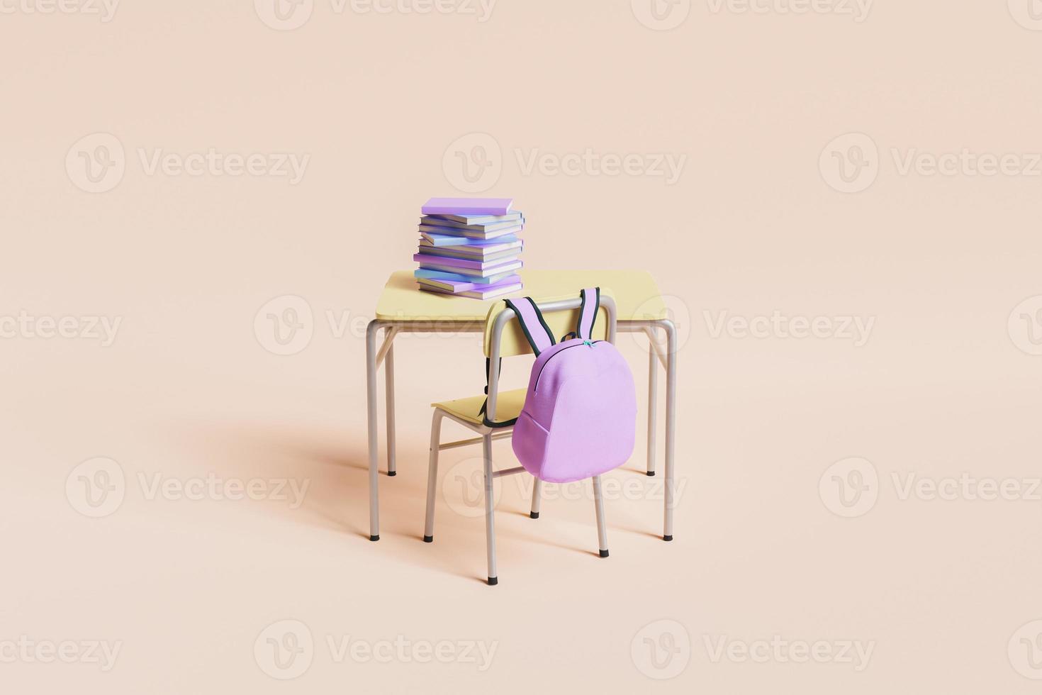 Schulbank voller Bücher mit rosa Rucksack, der am Stuhl hängt foto