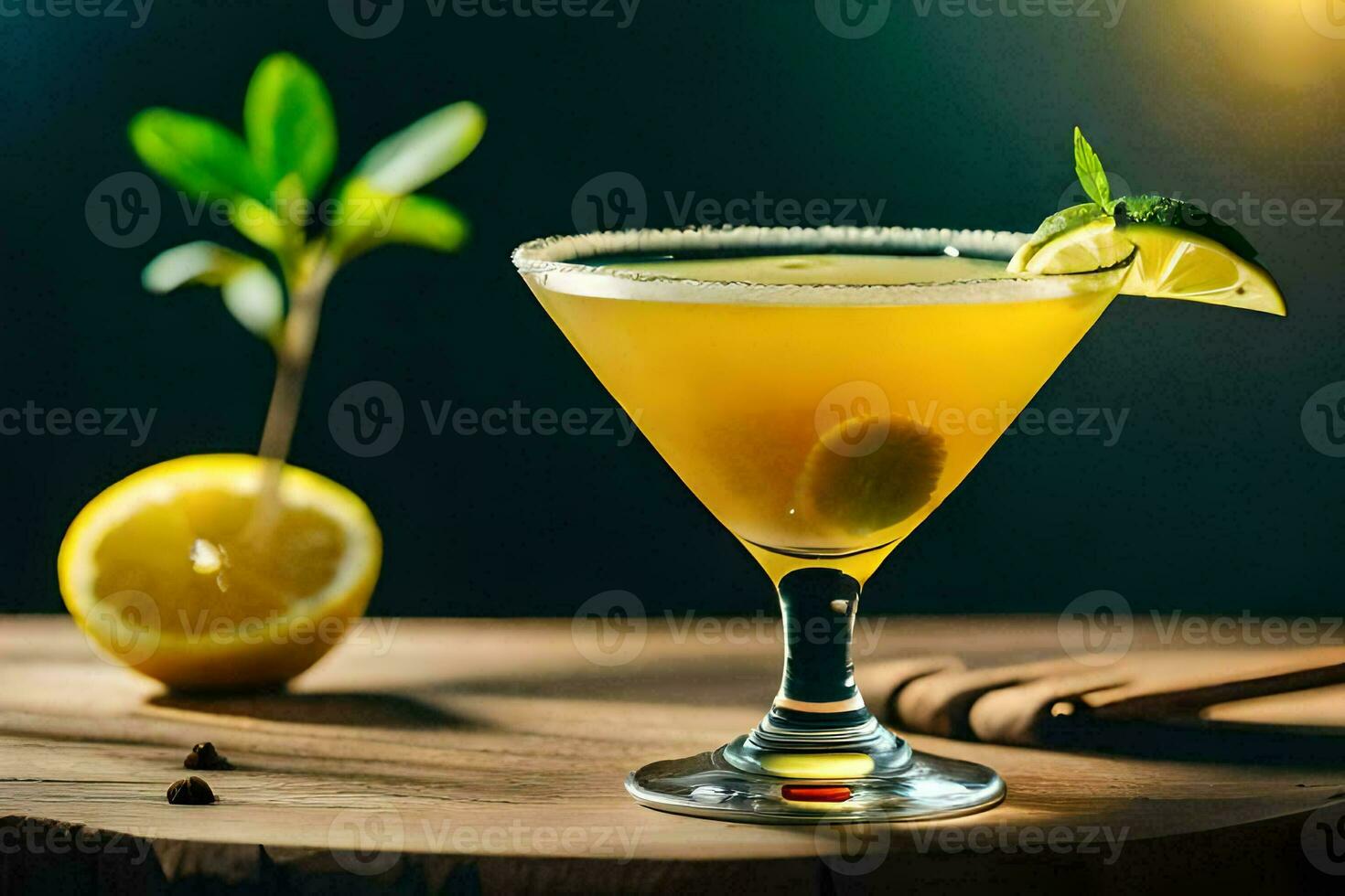 ein Cocktail mit Zitrone und Zimt auf ein hölzern Tisch. KI-generiert foto