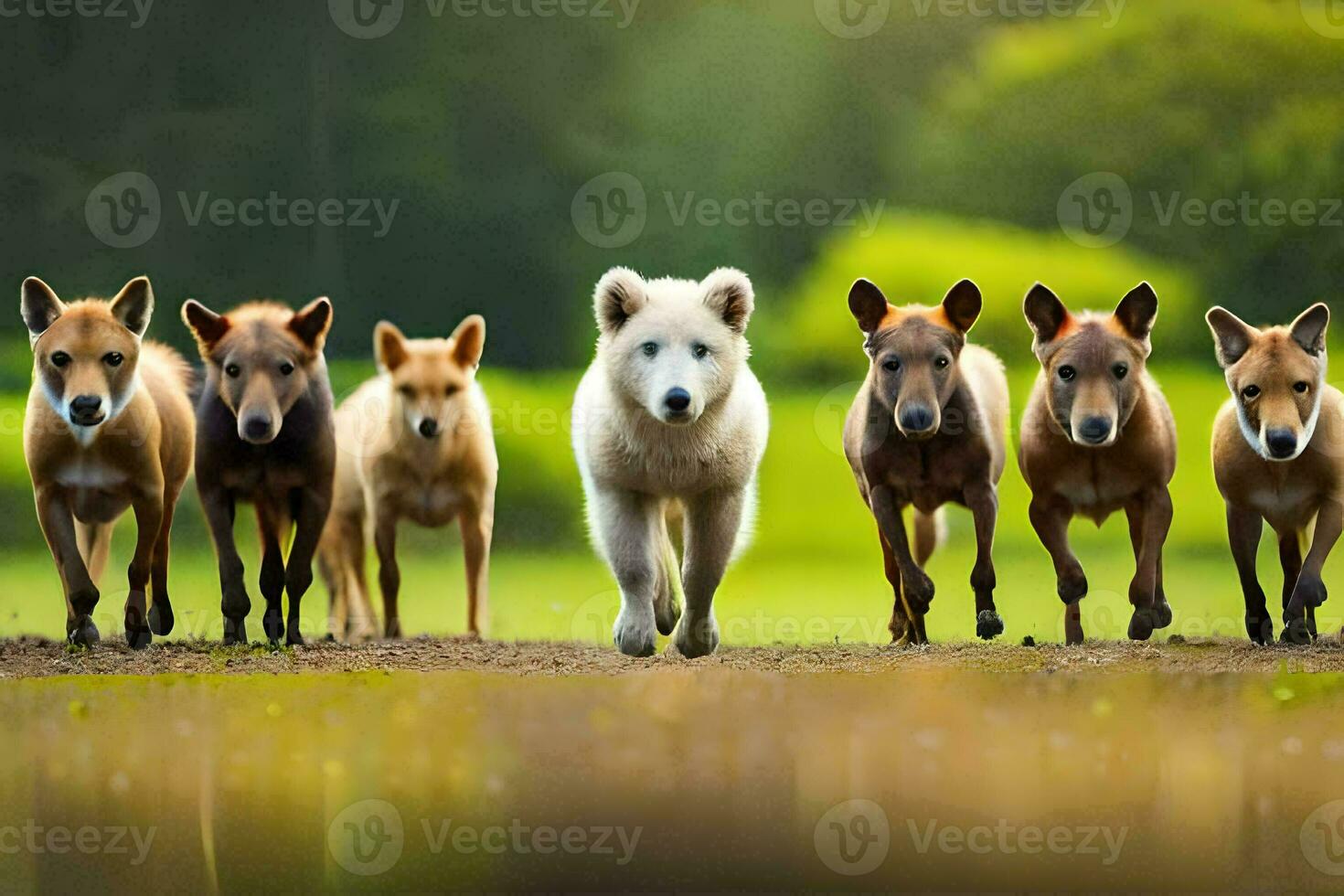 ein Gruppe von Hunde Laufen im das Feld. KI-generiert foto