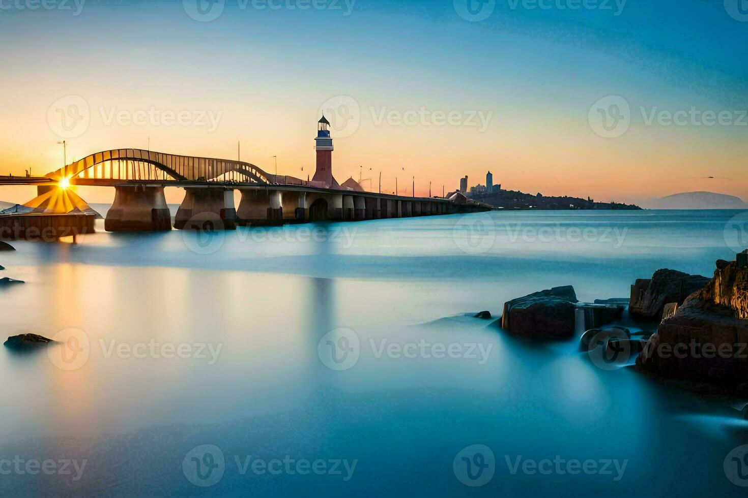 das Sonne ist Rahmen Über ein Brücke und Leuchtturm. KI-generiert foto