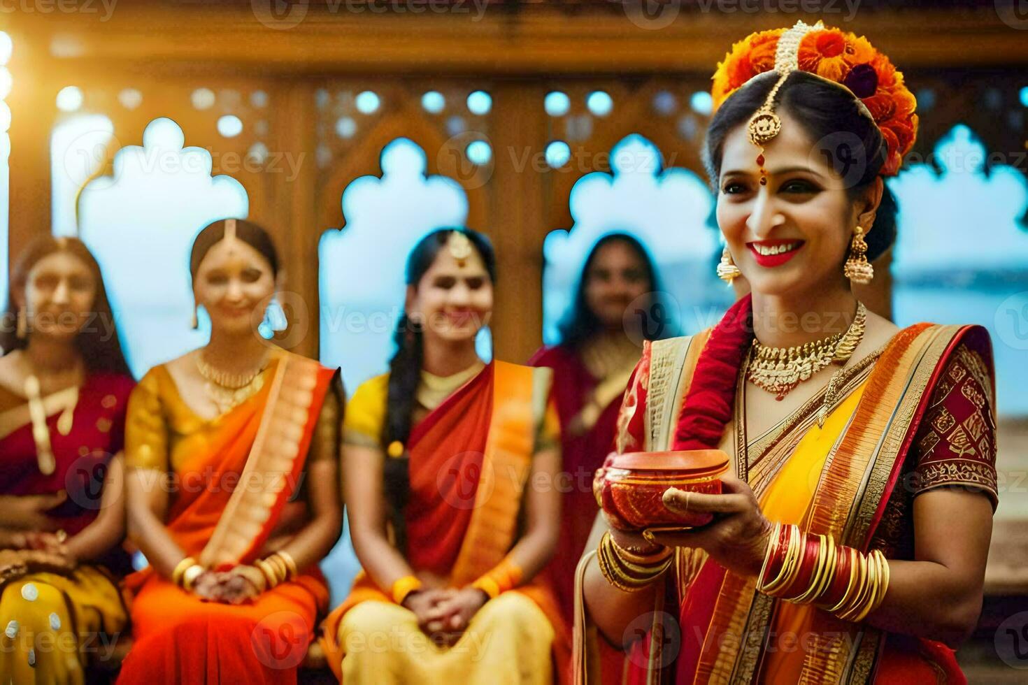 ein Frau im ein Sari ist halten ein rot Topf. KI-generiert foto