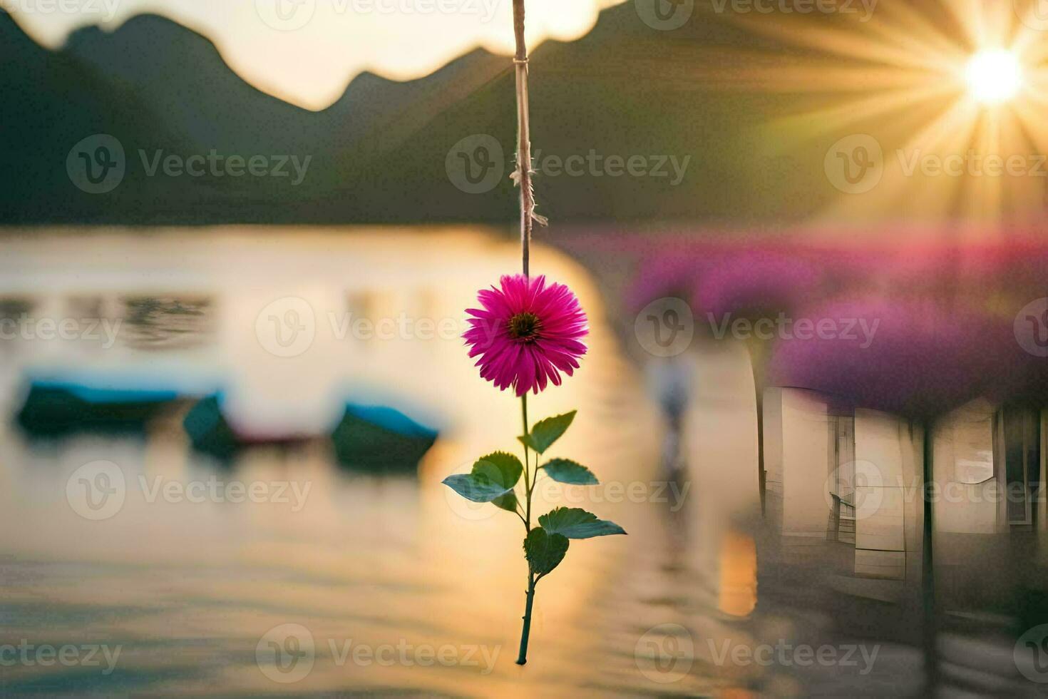 ein Blume hängend von ein Seil im Vorderseite von ein See. KI-generiert foto
