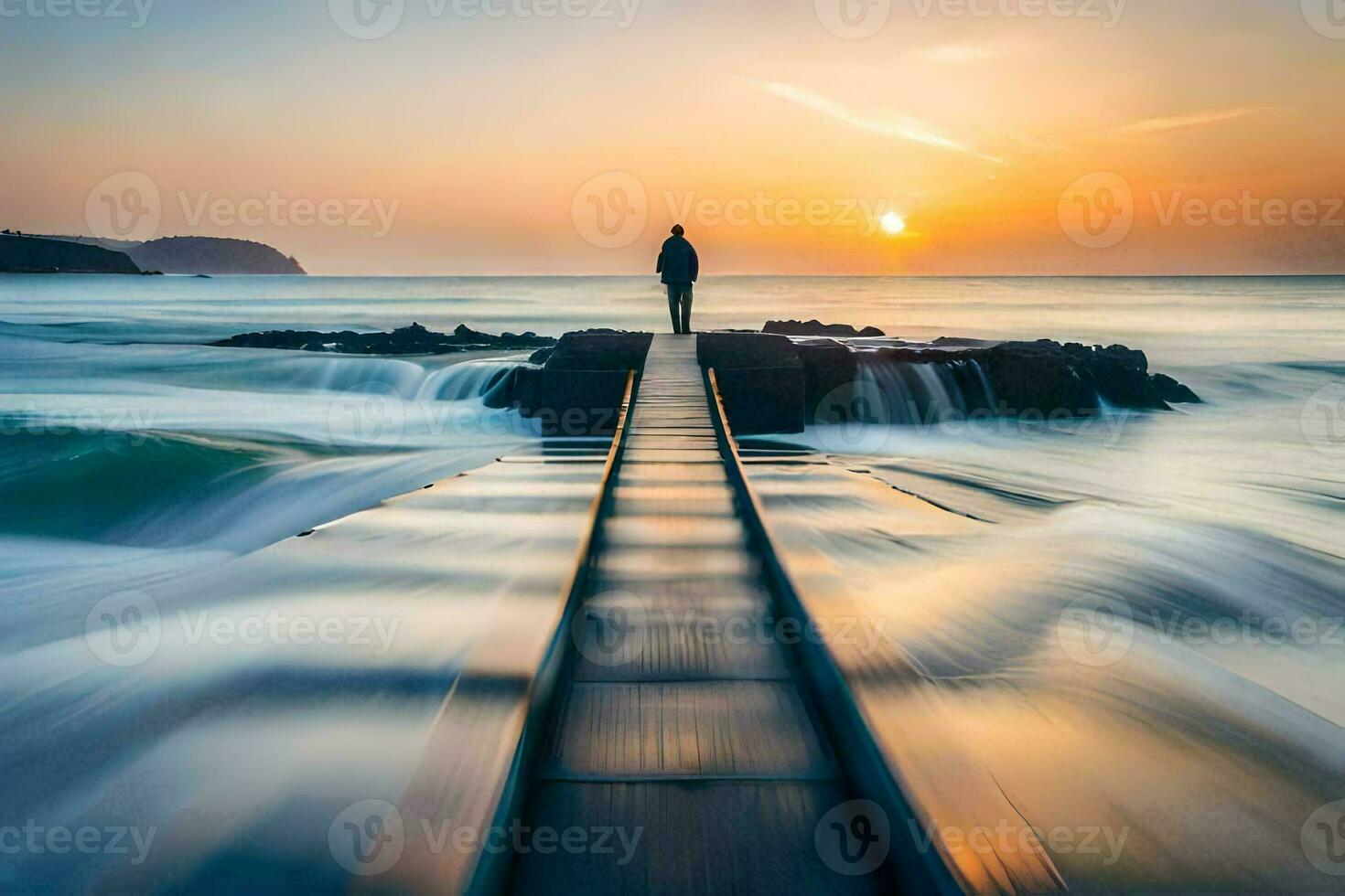 ein Mann Stehen auf ein Seebrücke suchen beim das Sonne Rahmen Über das Ozean. KI-generiert foto