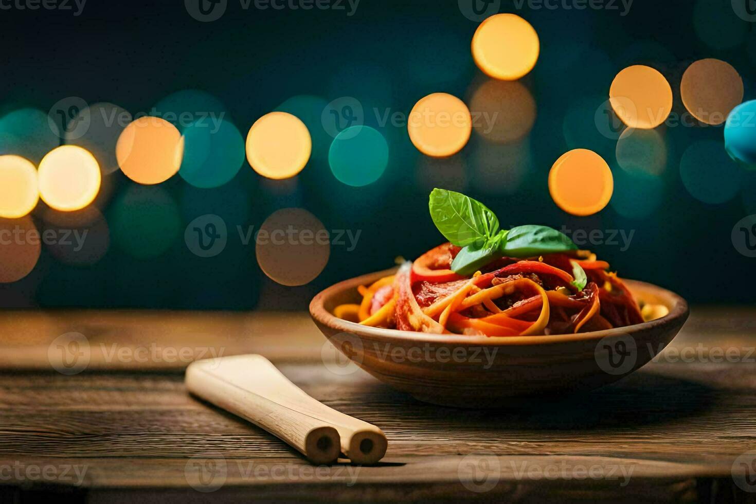 ein Schüssel von Pasta mit ein hölzern Löffel und ein hölzern Löffel auf ein hölzern Tabelle mit ein verschwommen. KI-generiert foto