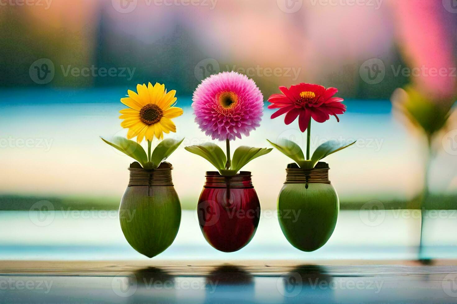 drei Vasen mit Blumen im Sie auf ein Tisch. KI-generiert foto