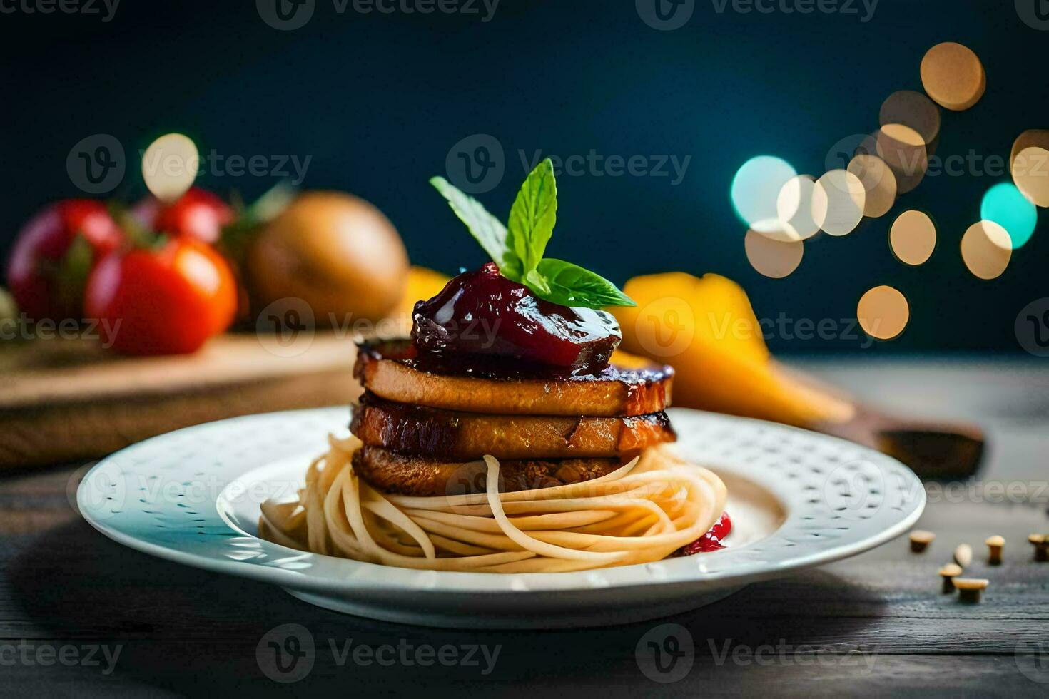 ein Teller von Spaghetti mit Fleisch und Soße auf Es. KI-generiert foto