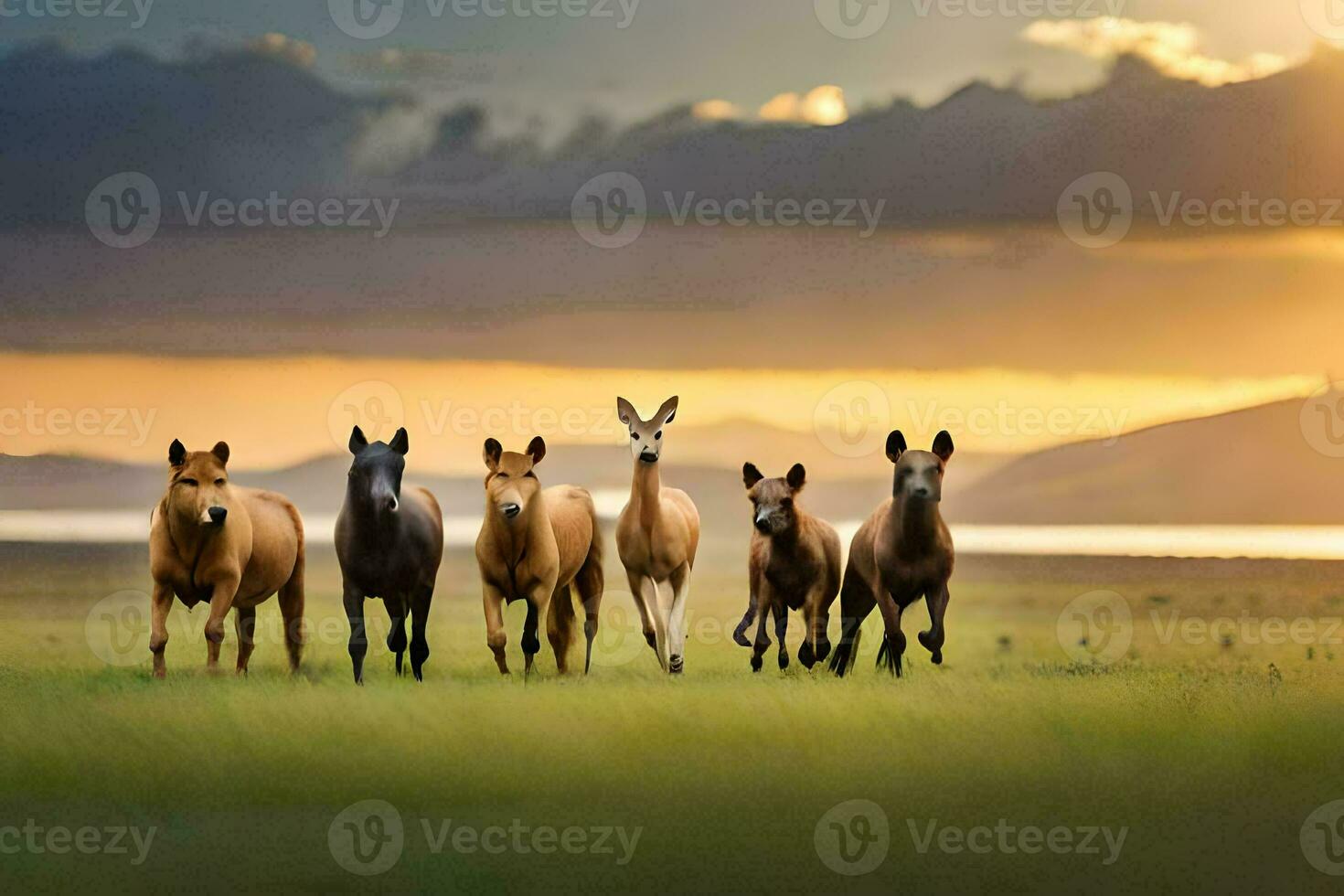 ein Gruppe von Pferde Laufen im das Gras. KI-generiert foto