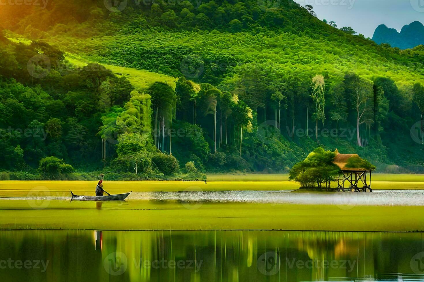 ein Boot ist im das Mitte von ein See mit Grün Hügel im das Hintergrund. KI-generiert foto