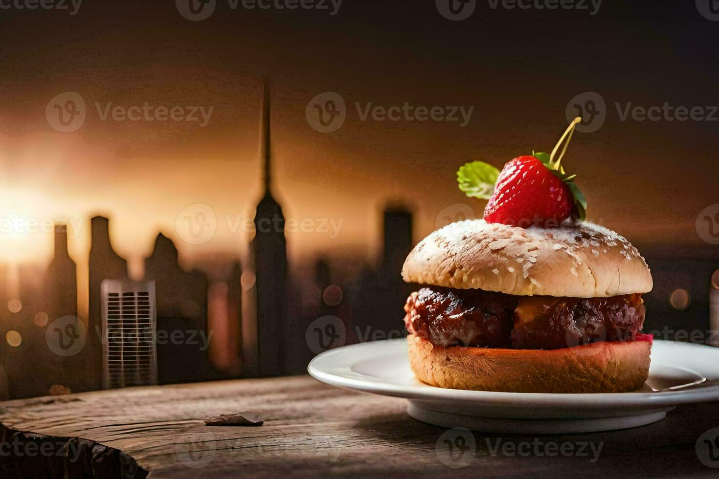 ein Hamburger mit Erdbeere auf oben von es sitzt auf ein Teller mit ein Stadtbild im Die. KI-generiert foto