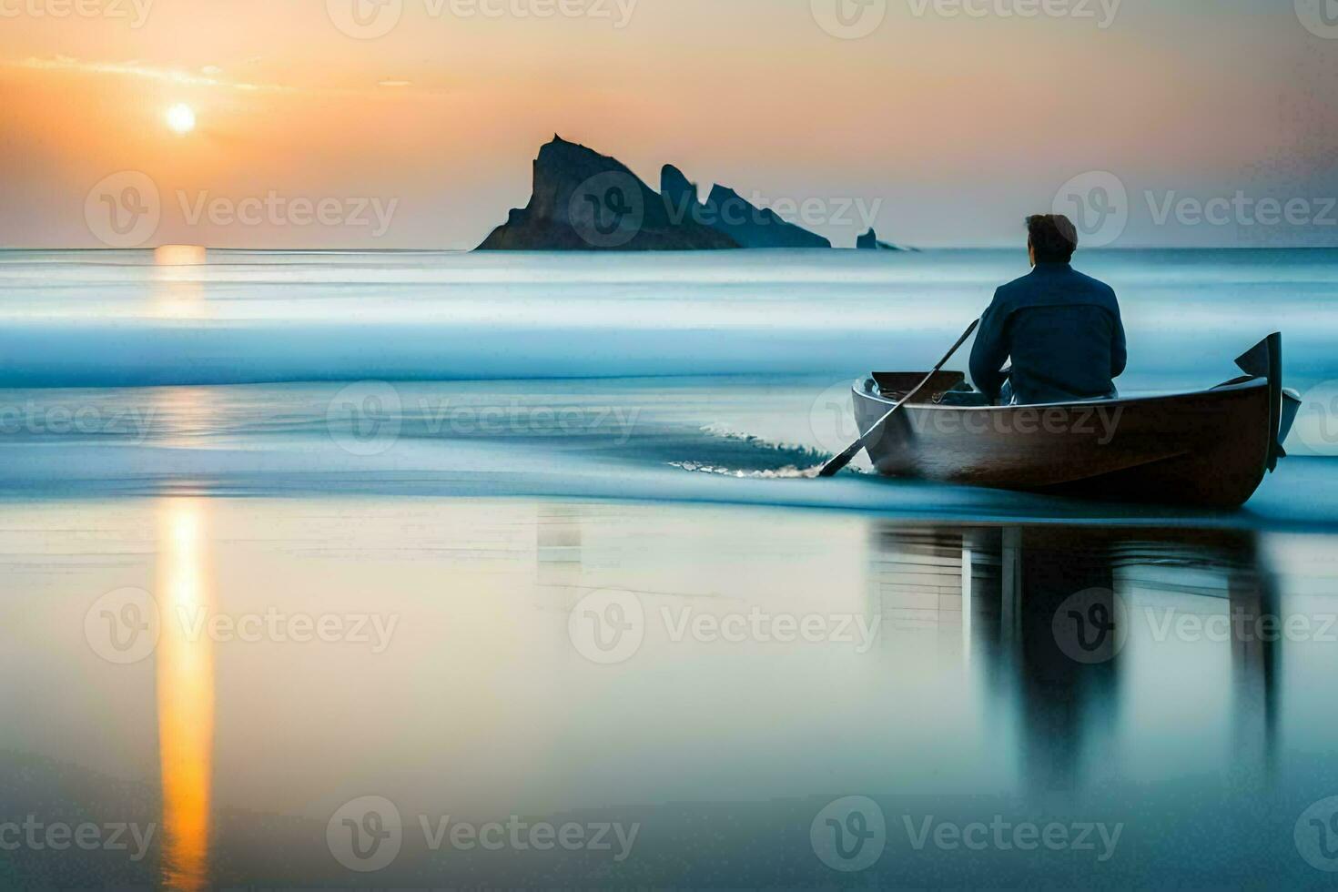 ein Mann im ein Boot auf das Ozean beim Sonnenuntergang. KI-generiert foto