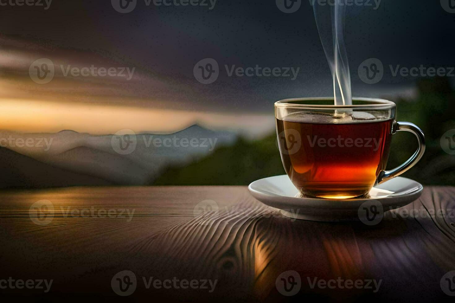 ein Tasse von Tee auf ein Tabelle im das Berge. KI-generiert foto