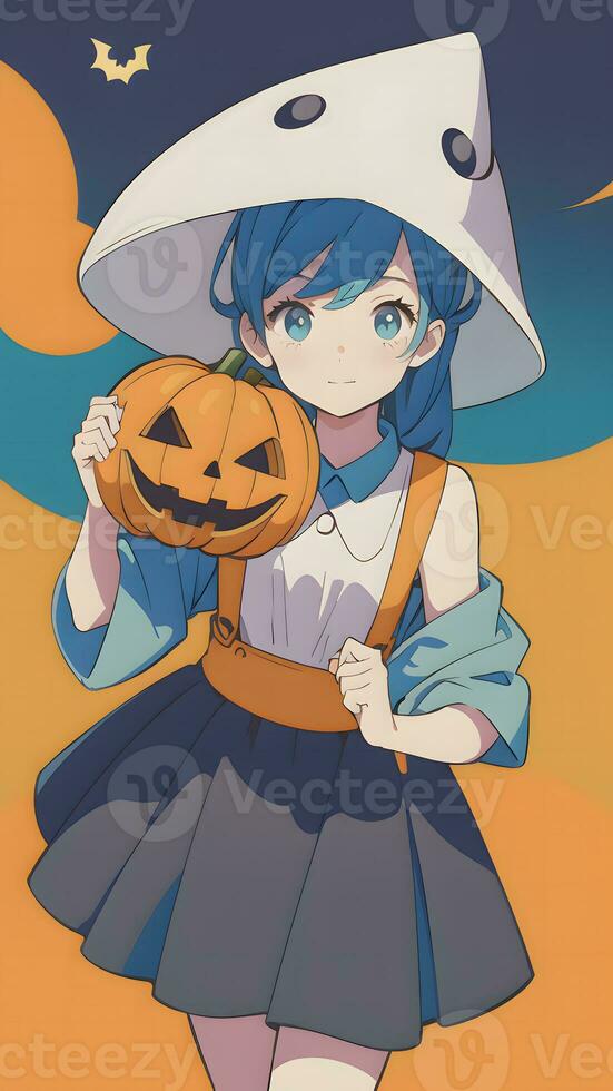 vorbereiten zum Halloween ein süß jung Mädchen und seine Kürbis im Anime Stil mit einfach Hintergrund foto