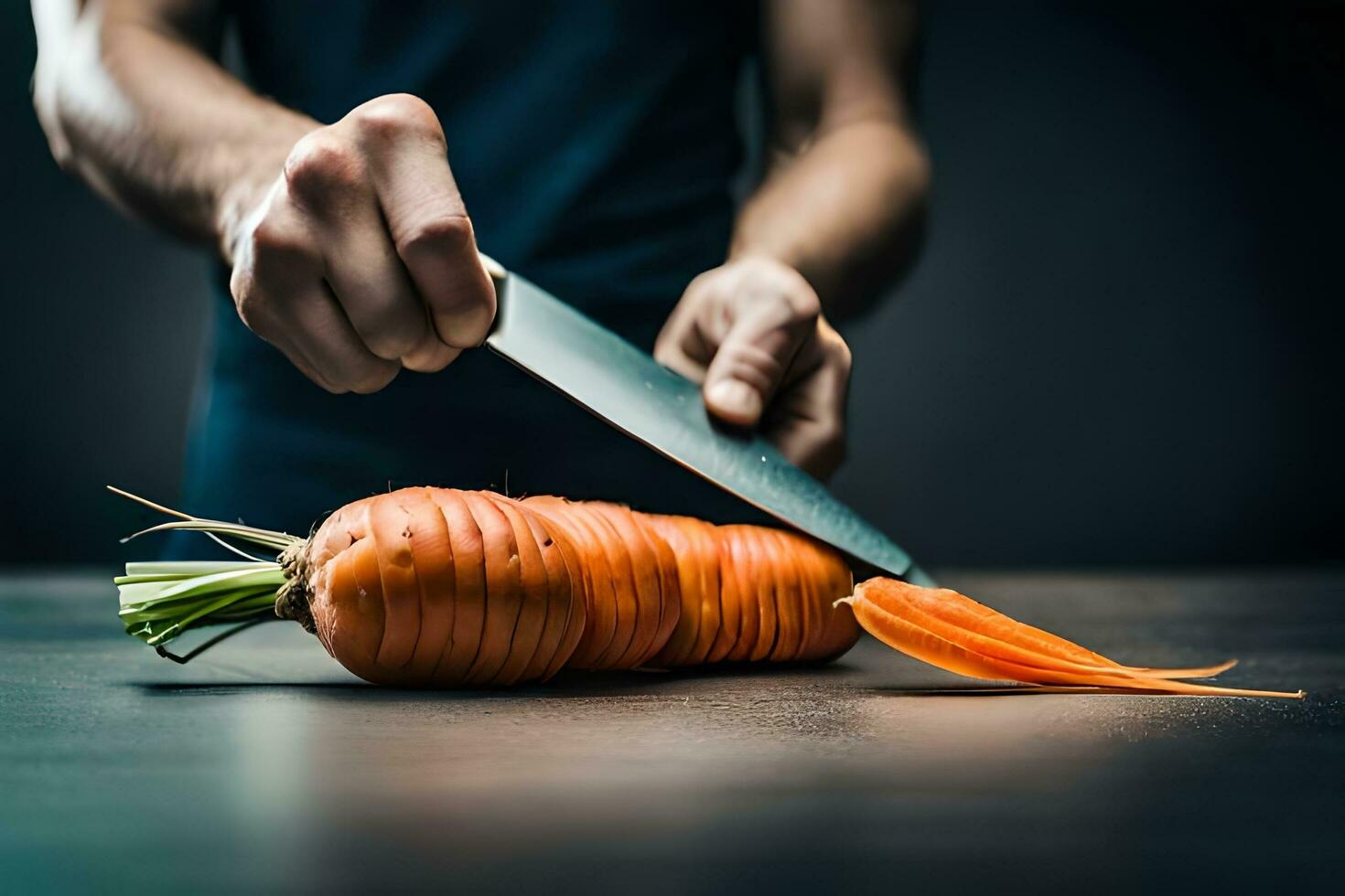 ein Mann ist Schneiden ein Karotte mit ein Messer. KI-generiert foto