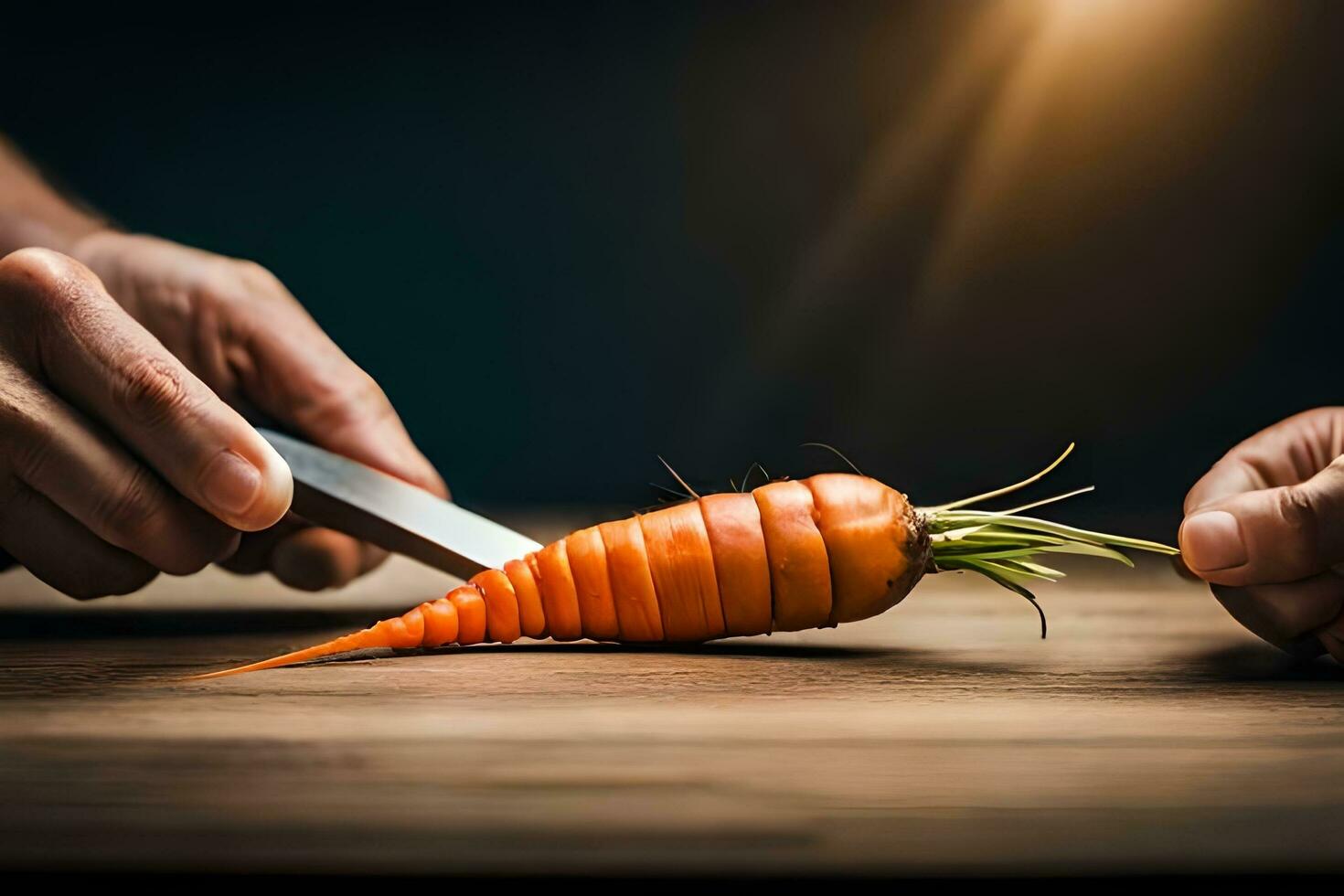ein Person Schneiden ein Karotte mit ein Messer. KI-generiert foto