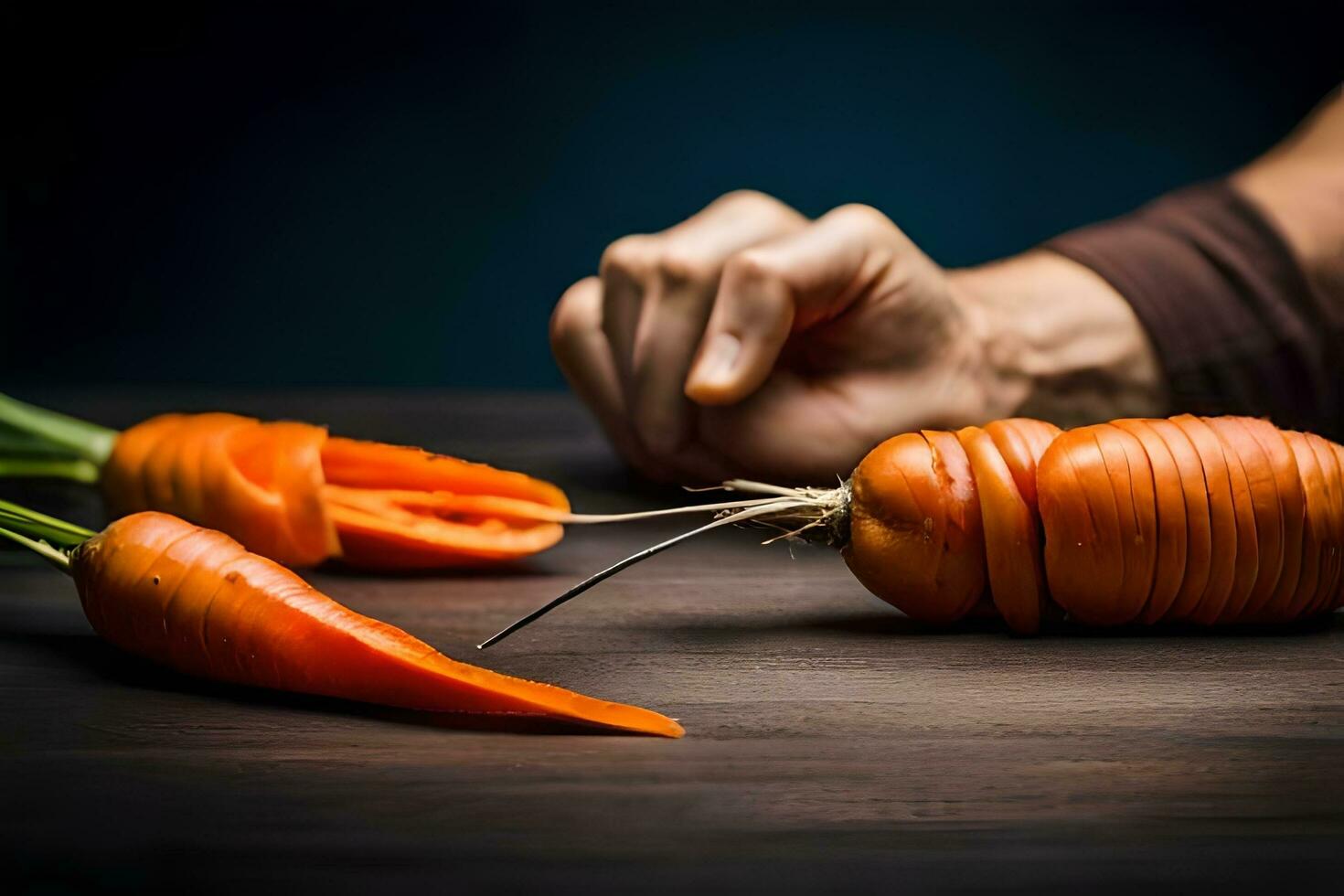 ein Person ist Schneiden Möhren mit ein Messer. KI-generiert foto