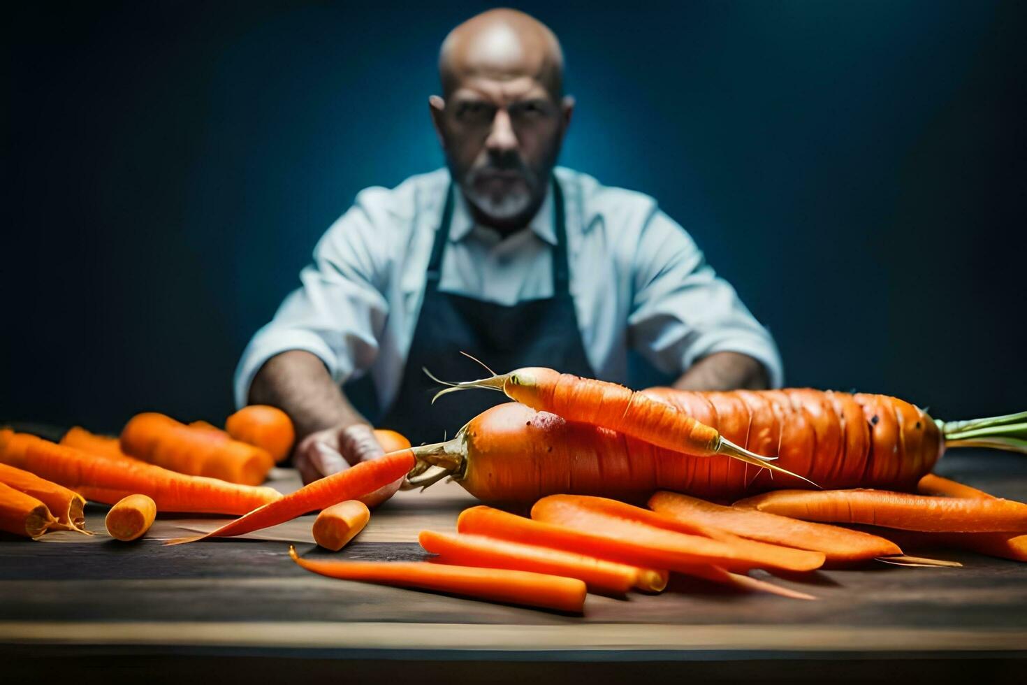 ein Mann ist Schneiden Möhren auf ein Tisch. KI-generiert foto