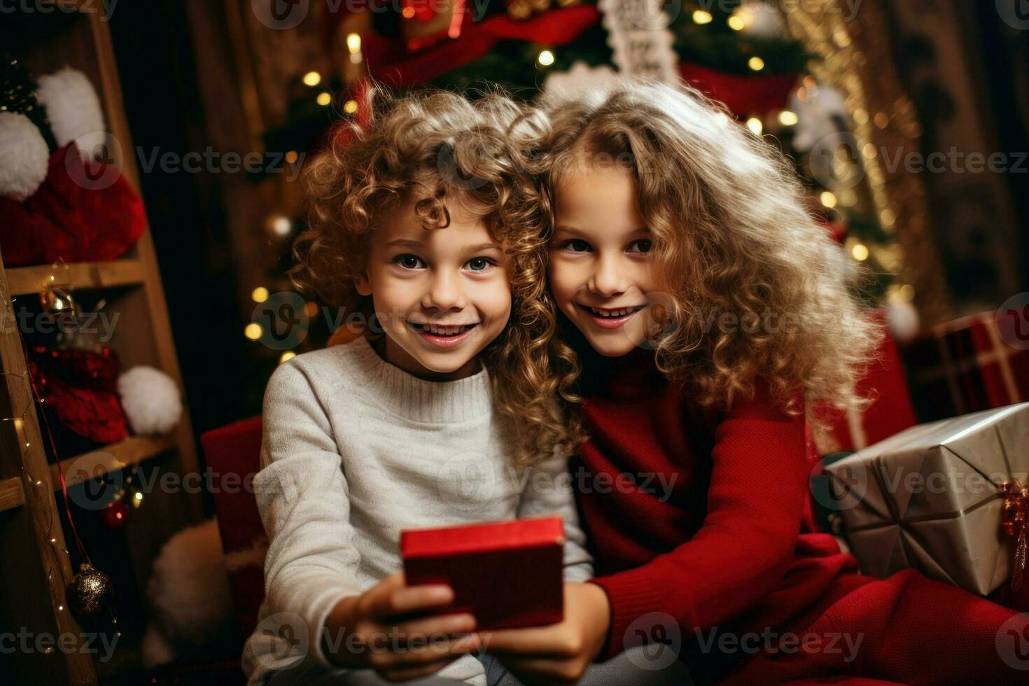 süß Kinder nehmen Selfie im Dekoration Weihnachten Zimmer. generieren ai foto