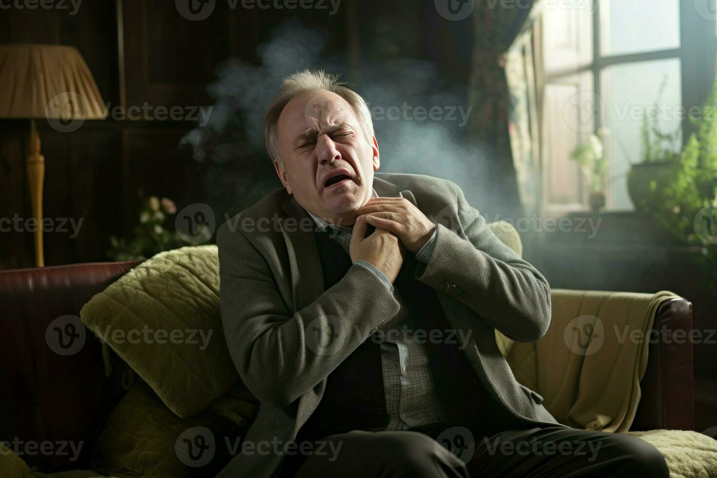 Husten Senior Mann Sitzung auf Sofa beim Morgen Rauch. generieren ai foto