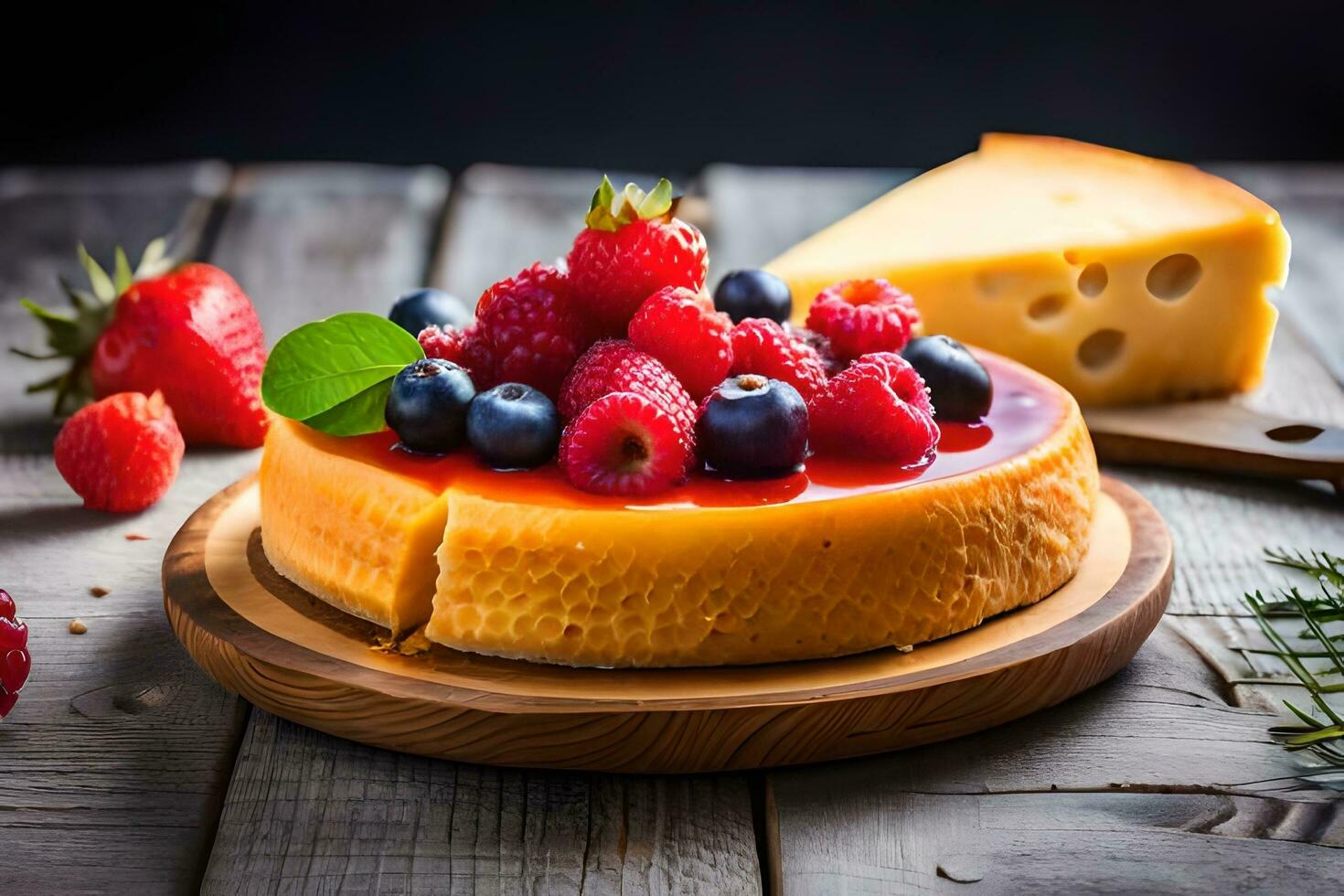 Käsekuchen mit Beeren und Käse auf hölzern Tisch. KI-generiert foto