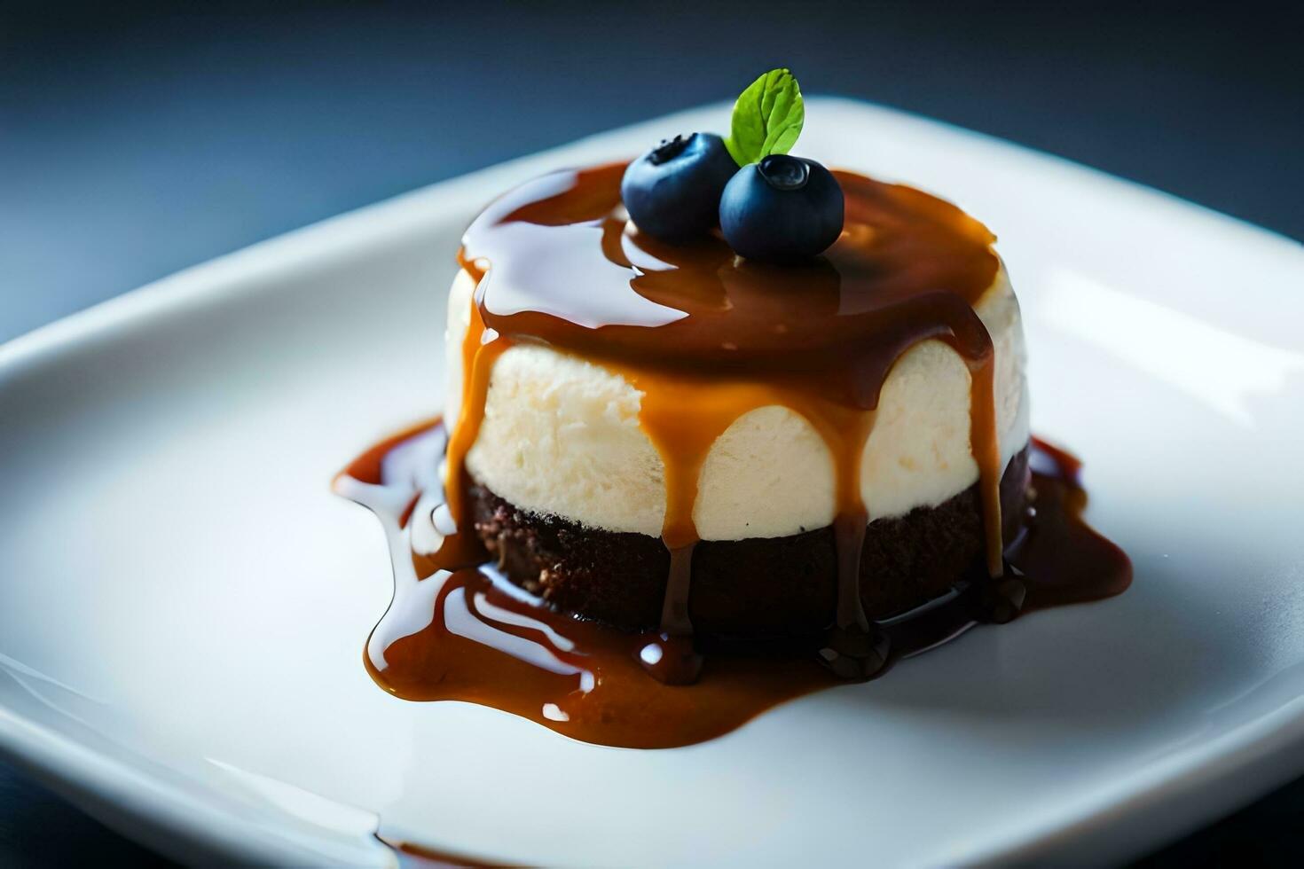 ein Dessert mit Karamell Soße und Blaubeeren. KI-generiert foto