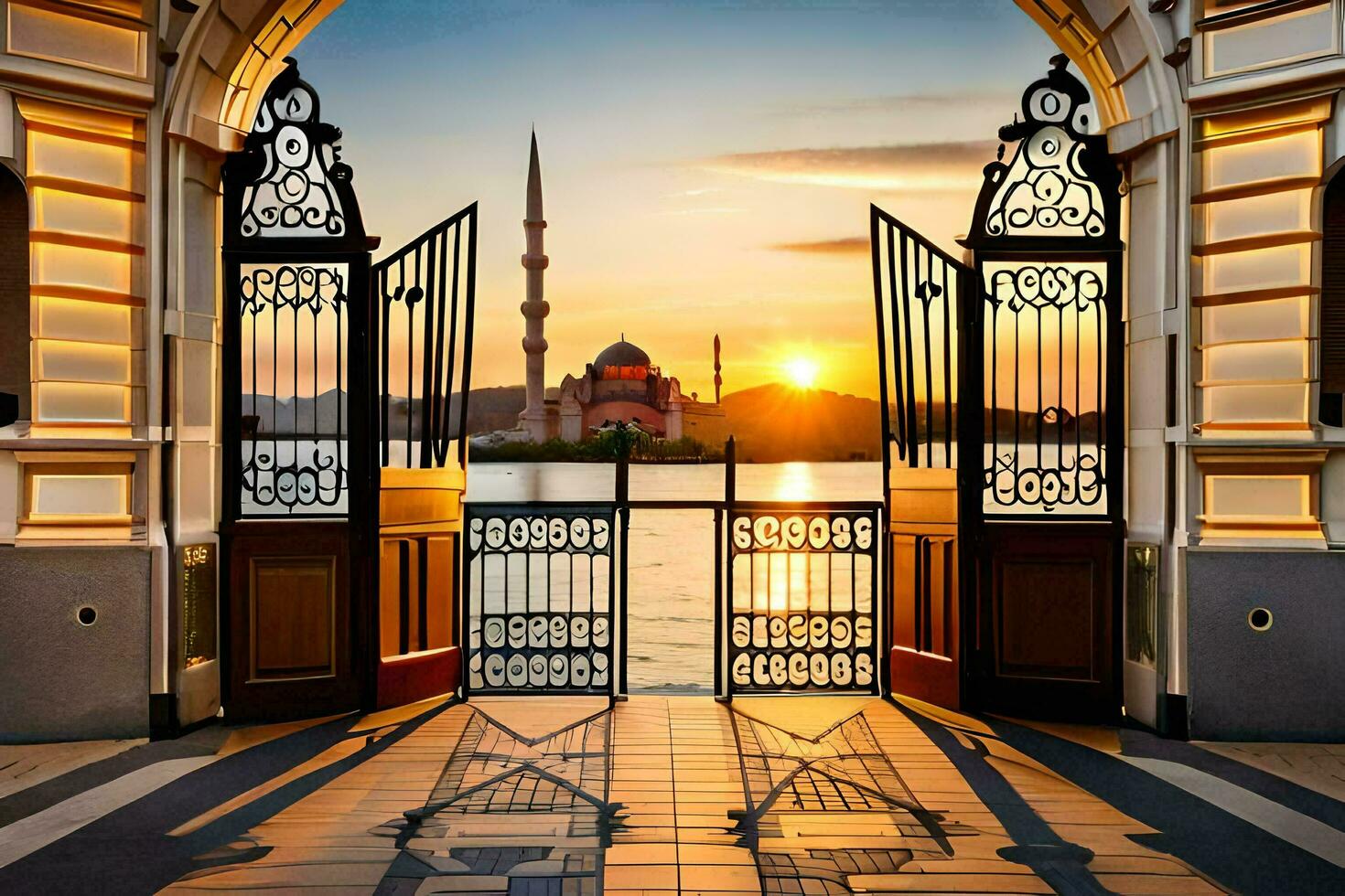 das Sonne setzt hinter das Blau Moschee im Istanbul. KI-generiert foto