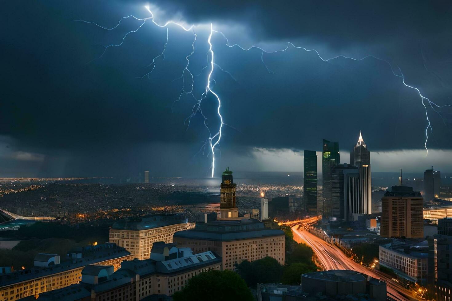 Blitz Streiks Über das Stadt von Frankfurt, Deutschland. KI-generiert foto