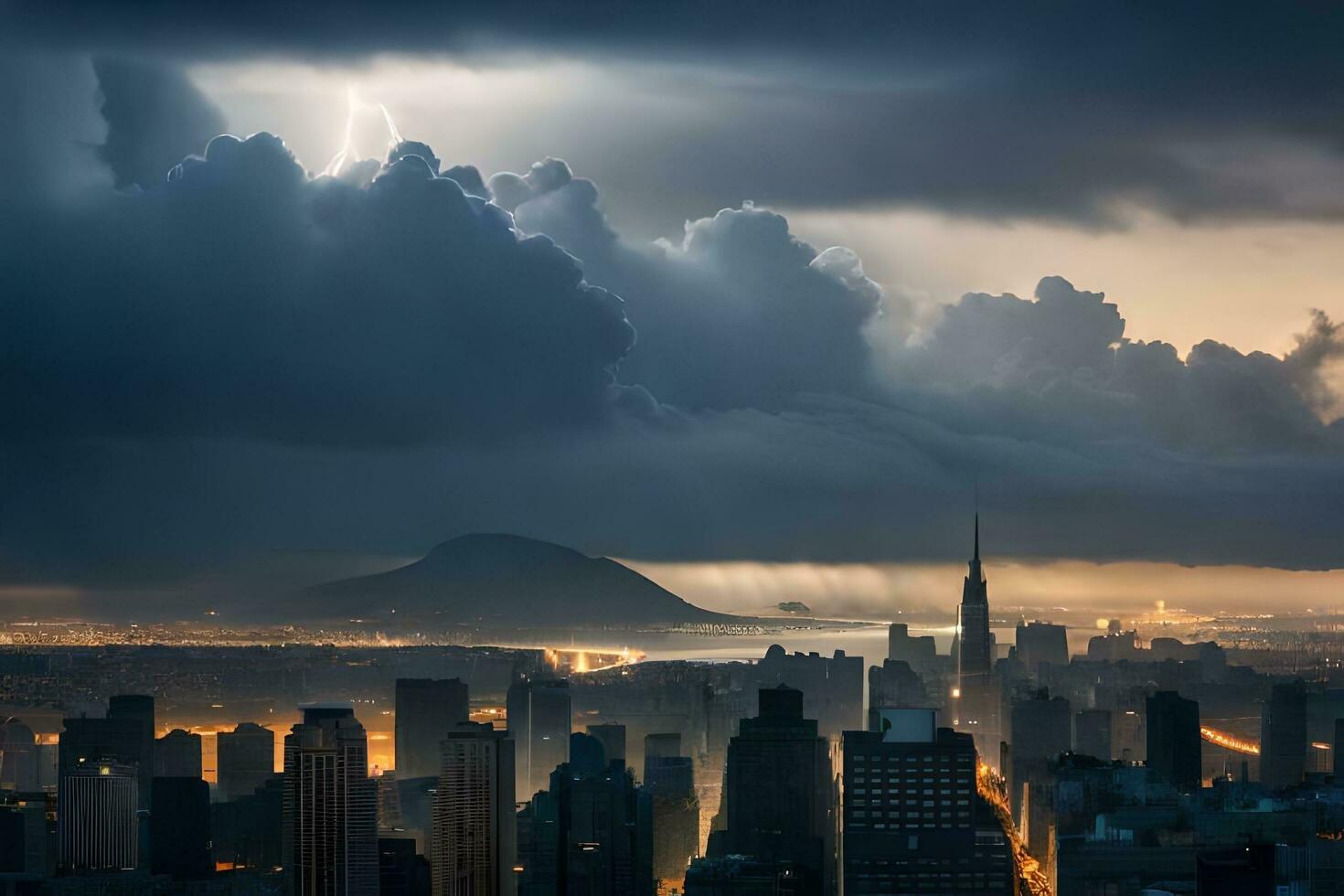 ein Stadt unter ein stürmisch Himmel mit ein Blitz Bolzen. KI-generiert foto