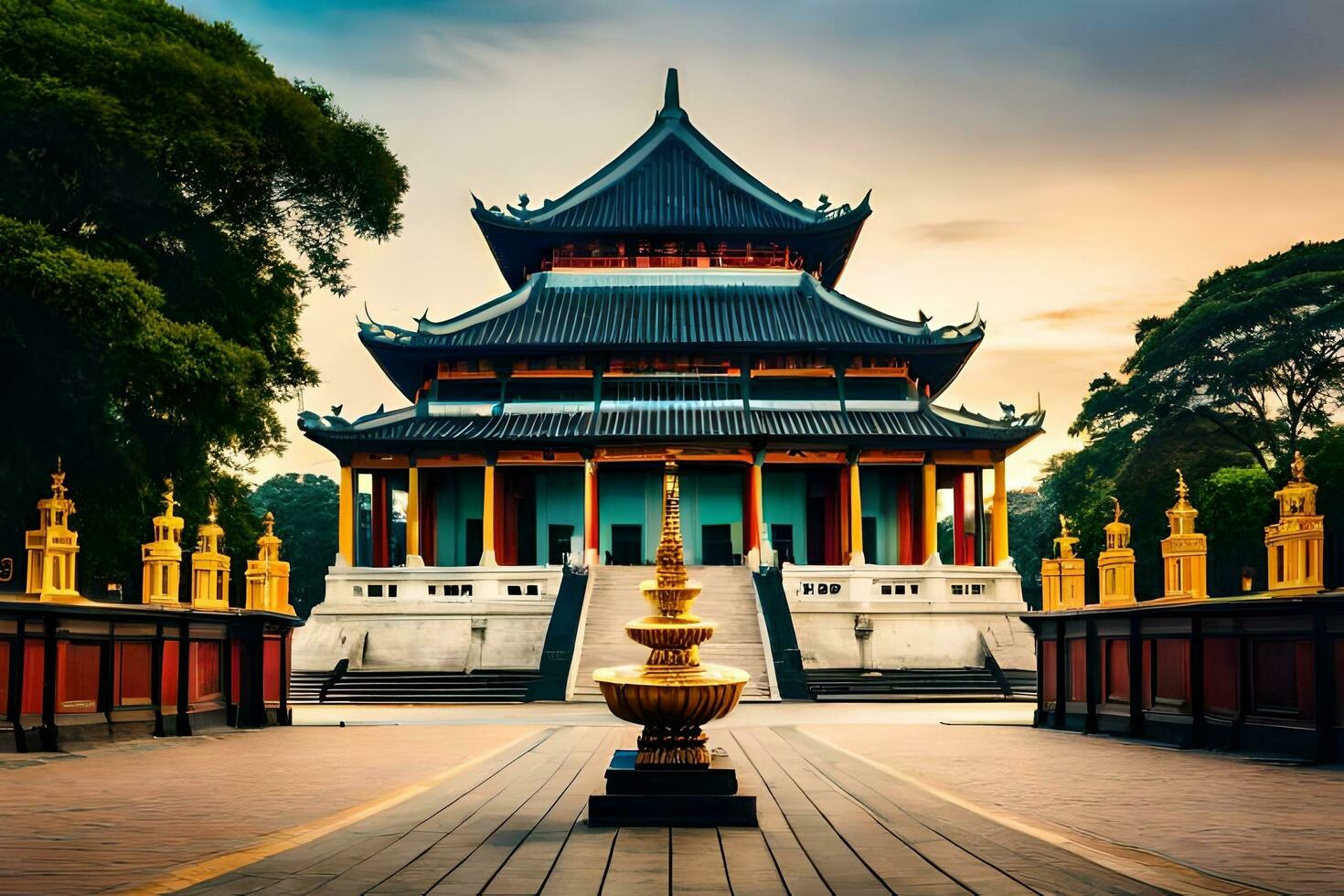 ein asiatisch Pagode mit golden Säulen im das Hintergrund. KI-generiert foto