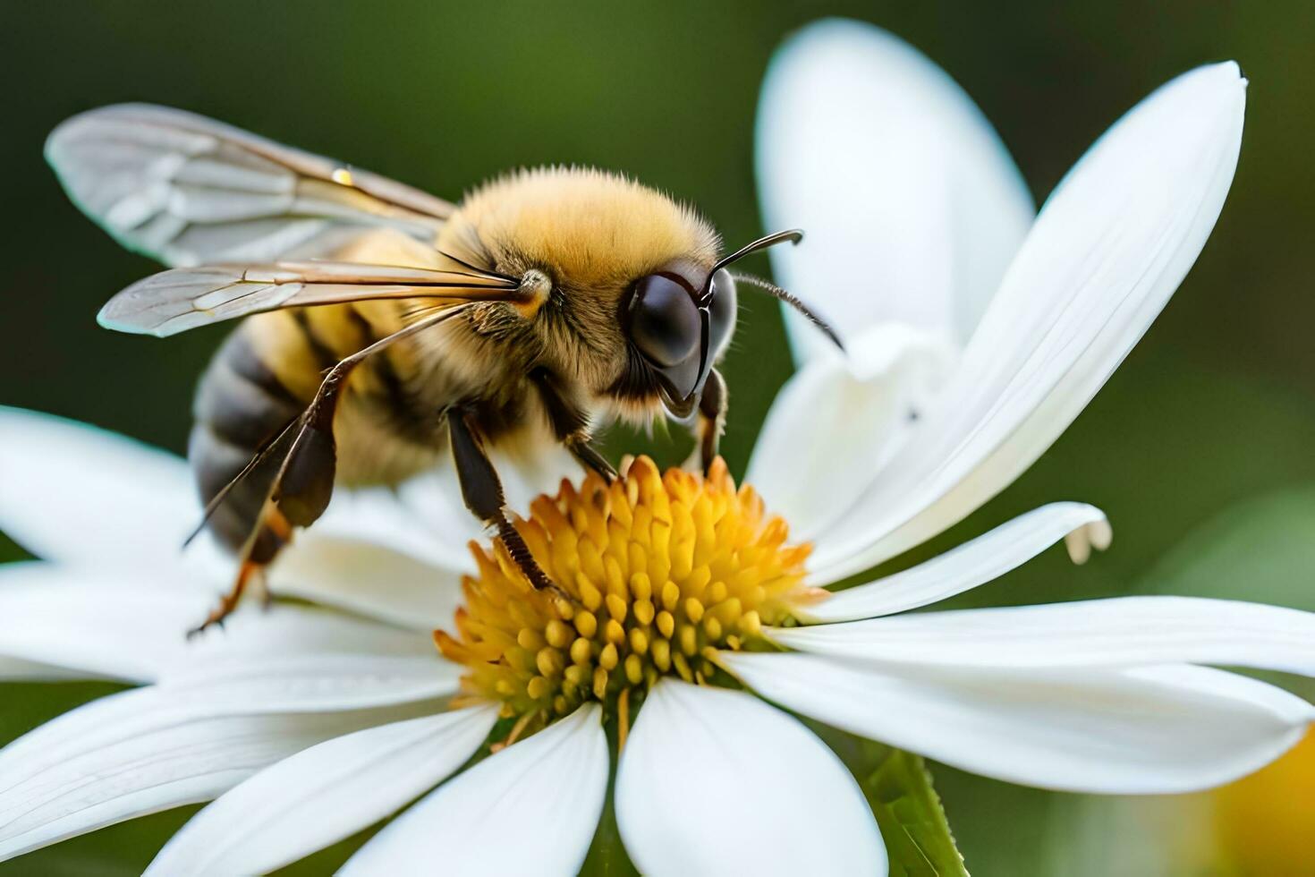 ein Biene ist auf ein Weiß Blume mit Gelb und schwarz Markierungen. KI-generiert foto