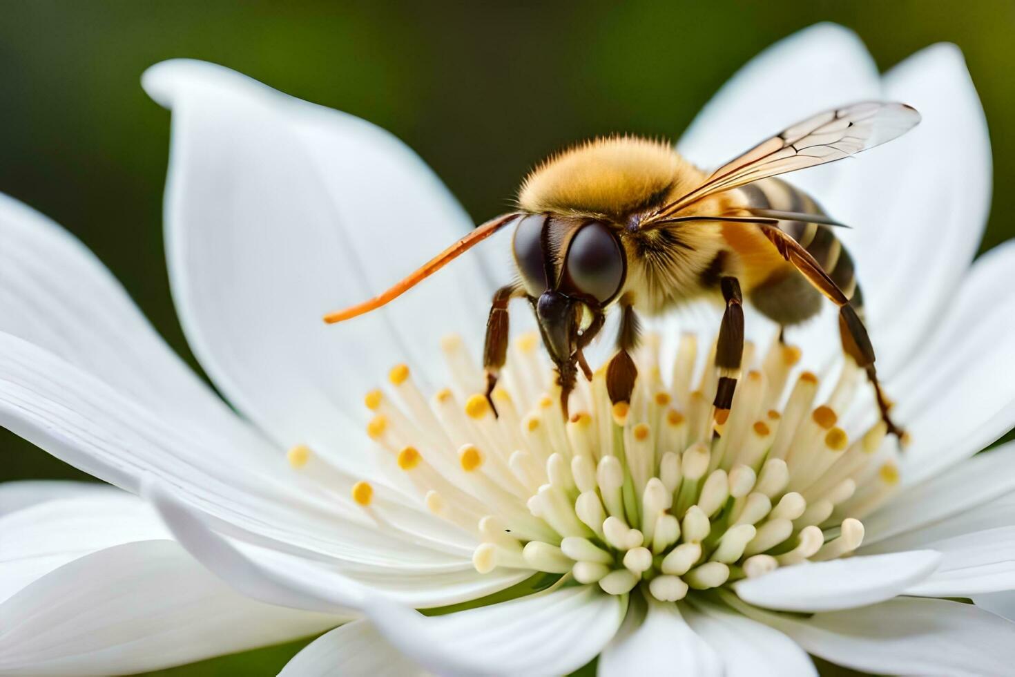 ein Biene auf ein Weiß Blume mit ein schwarz und Weiß Hintergrund. KI-generiert foto