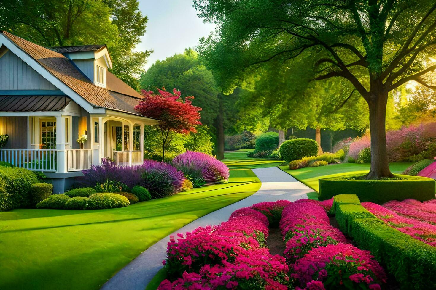 ein schön Garten mit Blumen und Bäume. KI-generiert foto