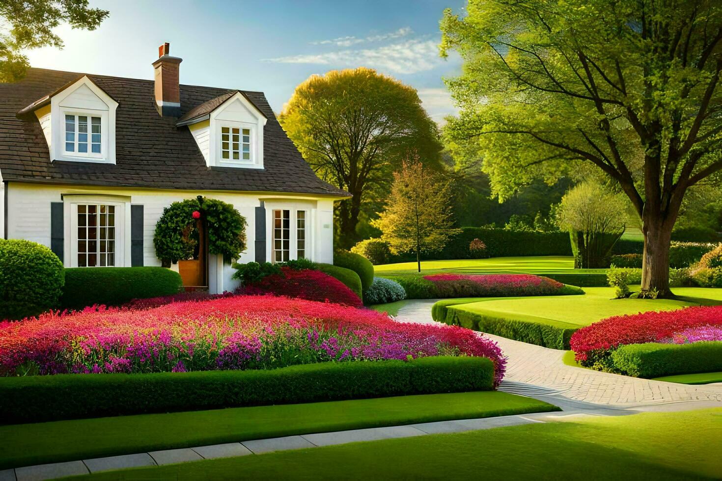ein schön Haus mit ein Garten und Blumen. KI-generiert foto