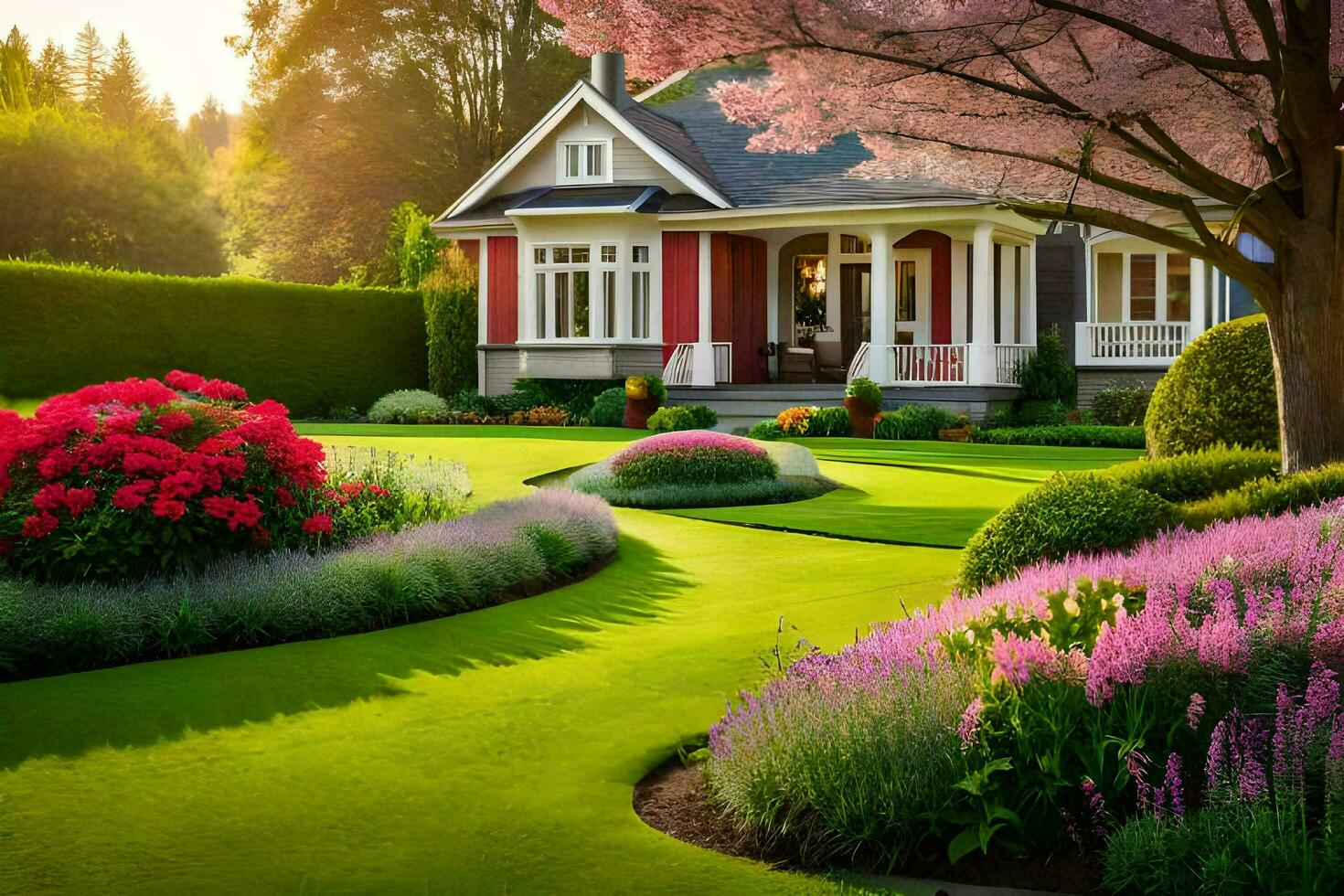 schön Landschaft mit Rasen und Blumen im Vorderseite von ein Haus. KI-generiert foto