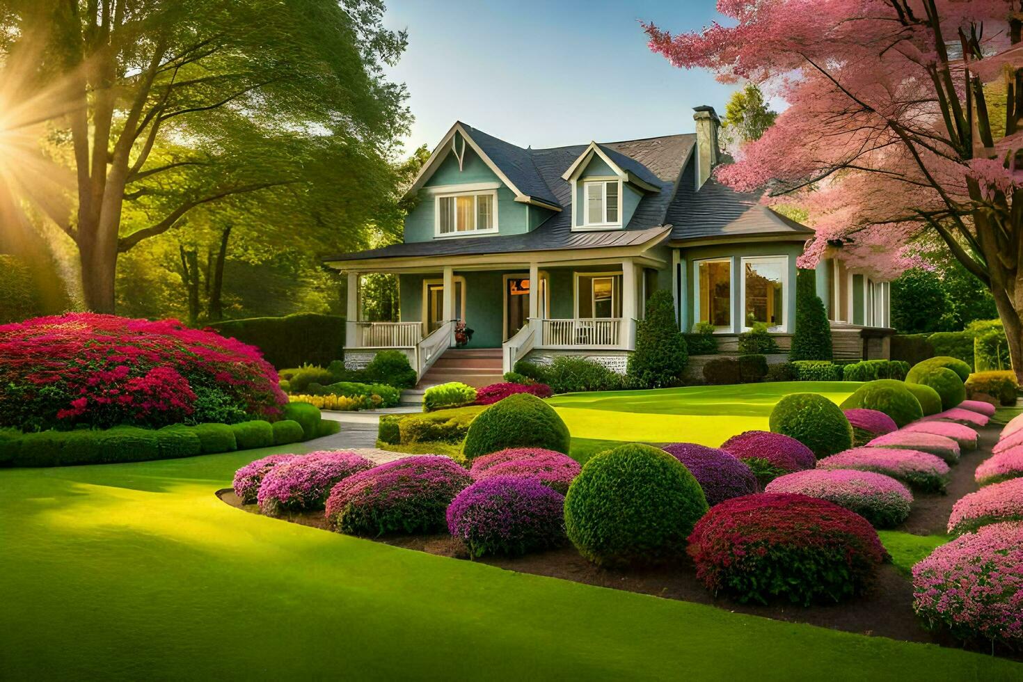 schön Landschaft mit ein Haus und Blumen. KI-generiert foto