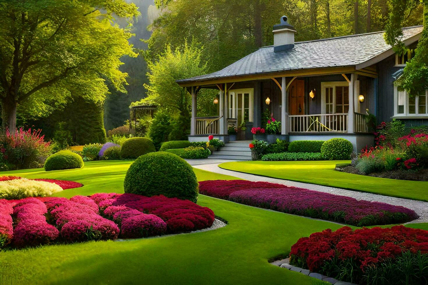 ein schön Garten mit bunt Blumen und ein Haus. KI-generiert foto