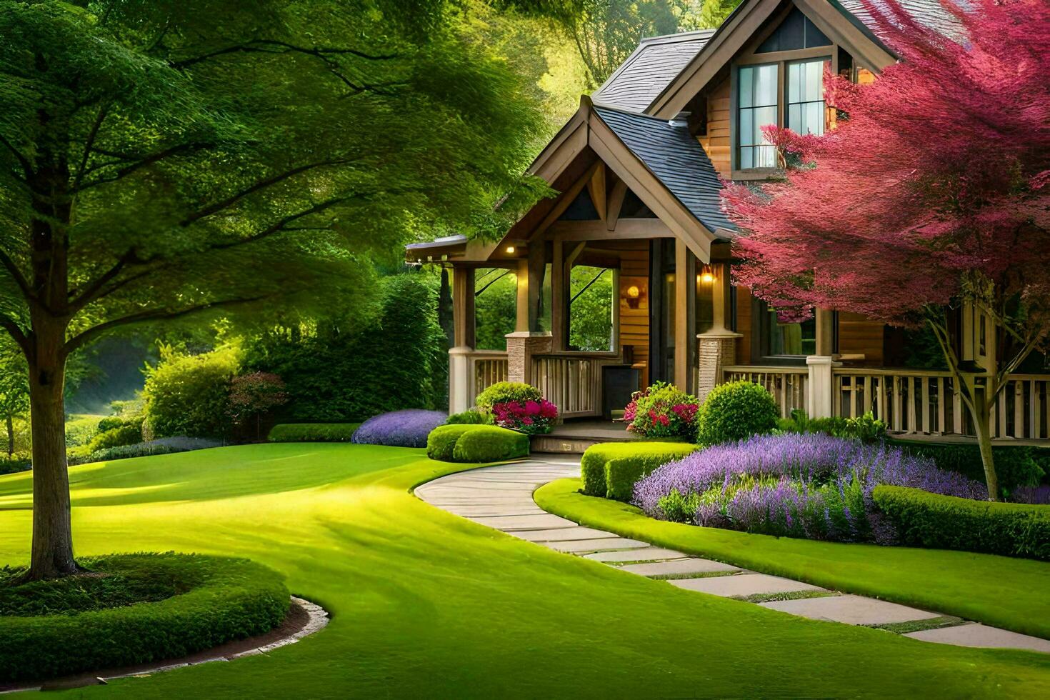 ein schön Rasen mit ein Haus und Bäume. KI-generiert foto