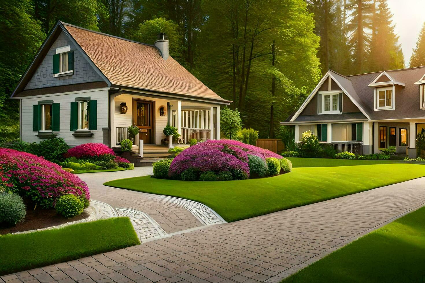 ein schön Zuhause mit ein Auffahrt und Rasen. KI-generiert foto