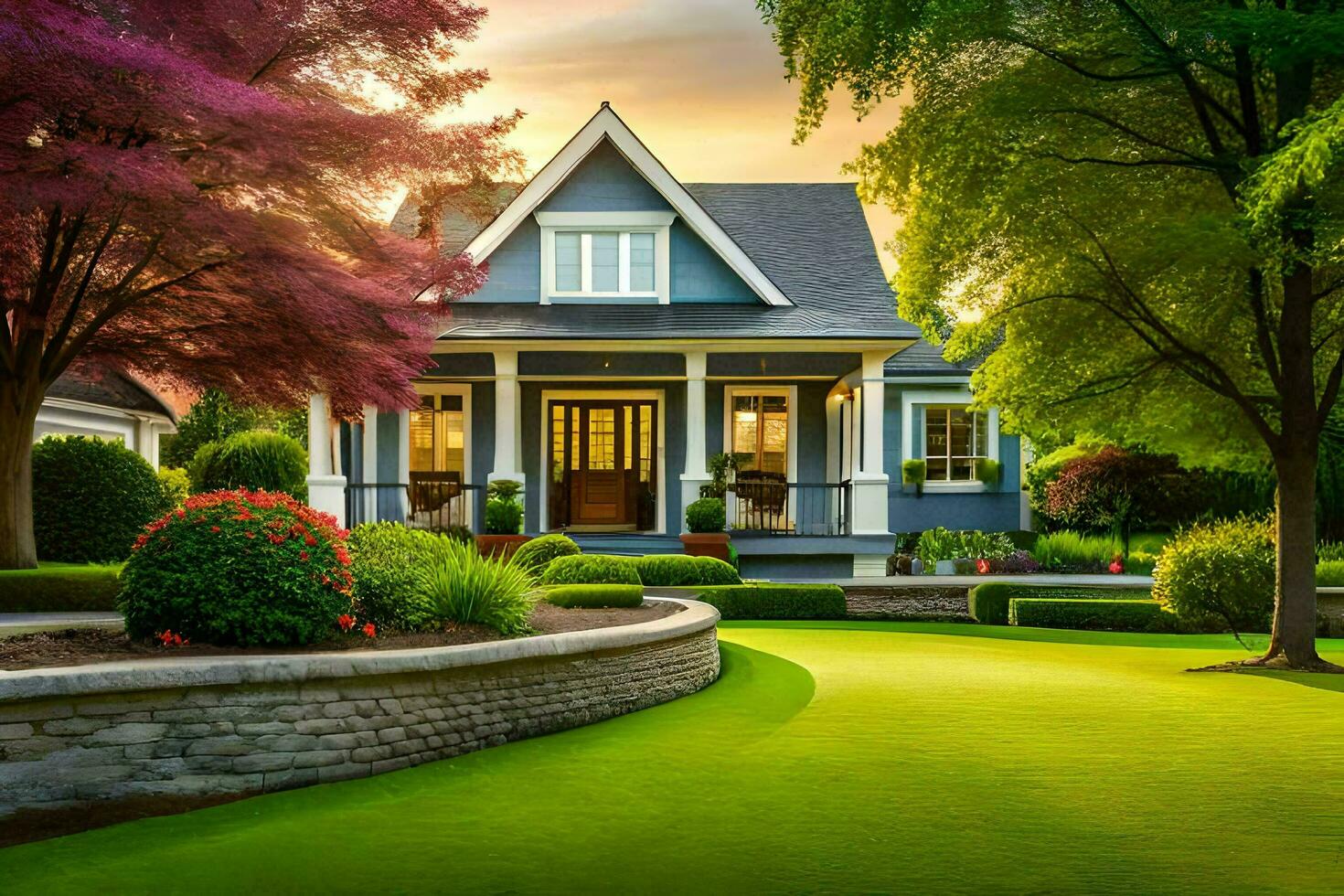 ein schön Haus mit ein Rasen und Bäume. KI-generiert foto