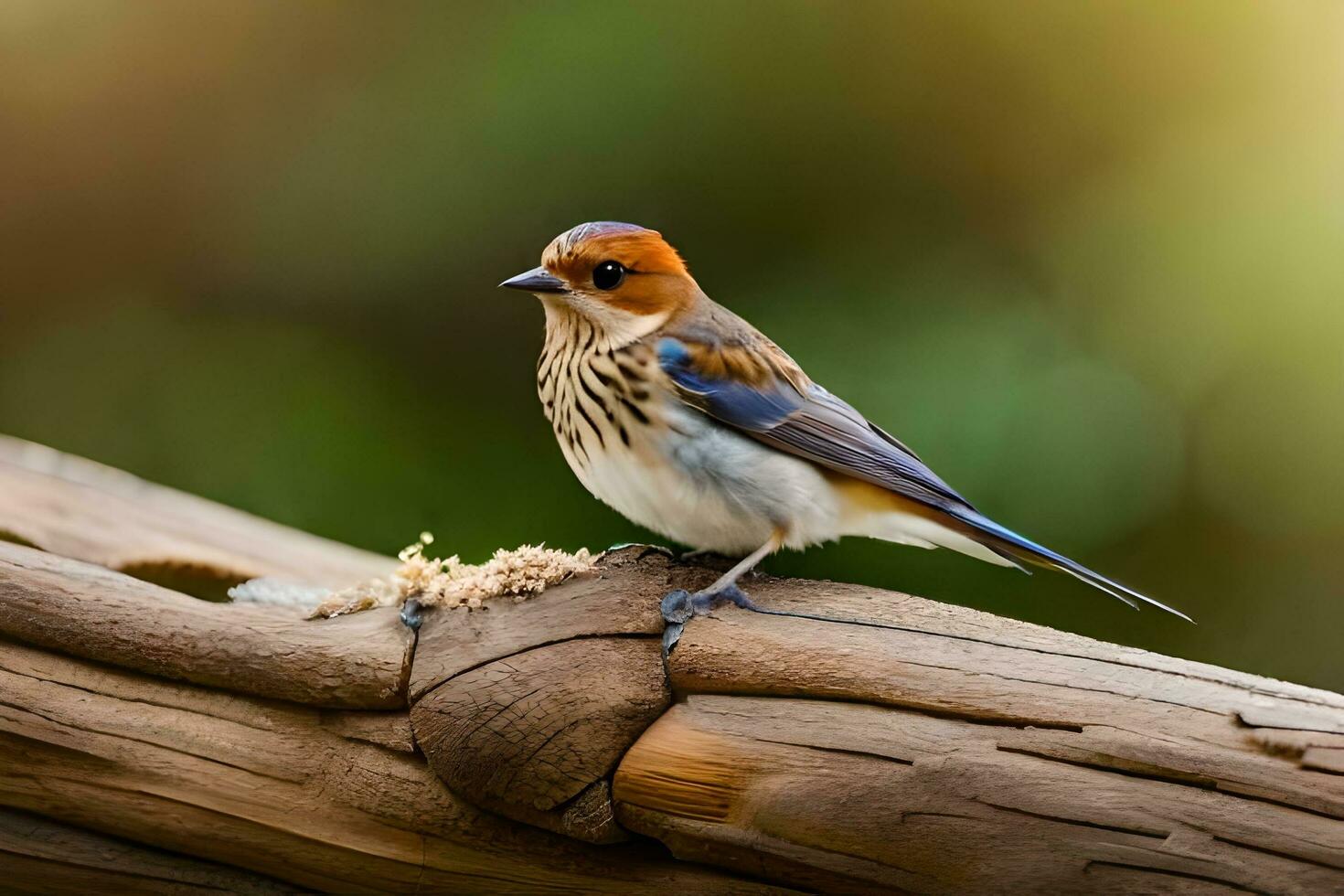 ein klein Vogel ist Sitzung auf ein hölzern Ast. KI-generiert foto