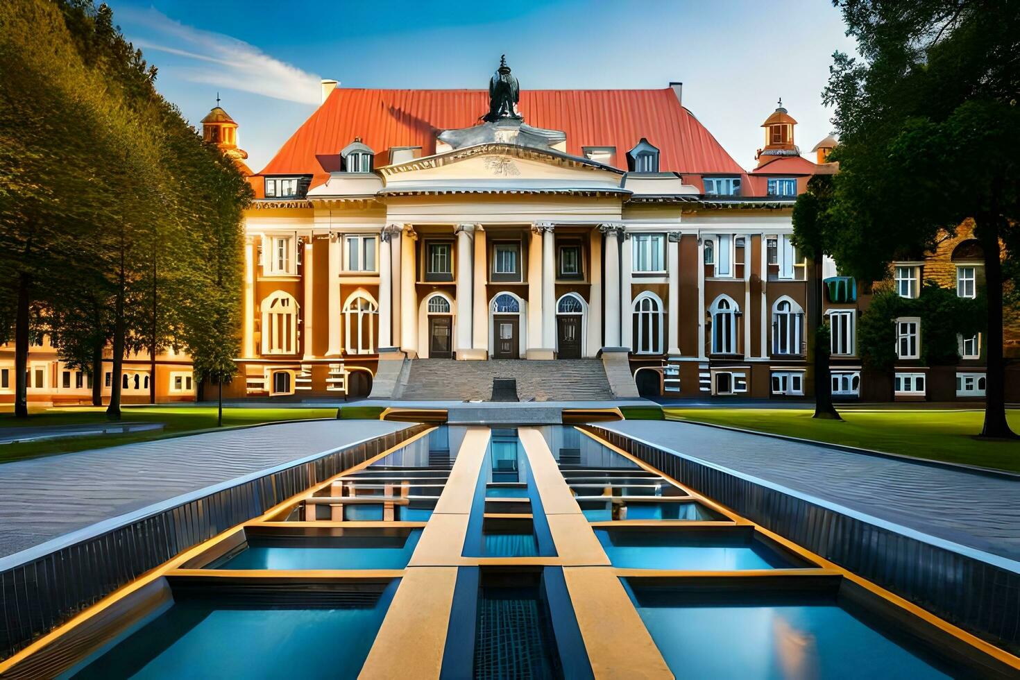 ein groß Gebäude mit ein Brunnen im Vorderseite von Es. KI-generiert foto