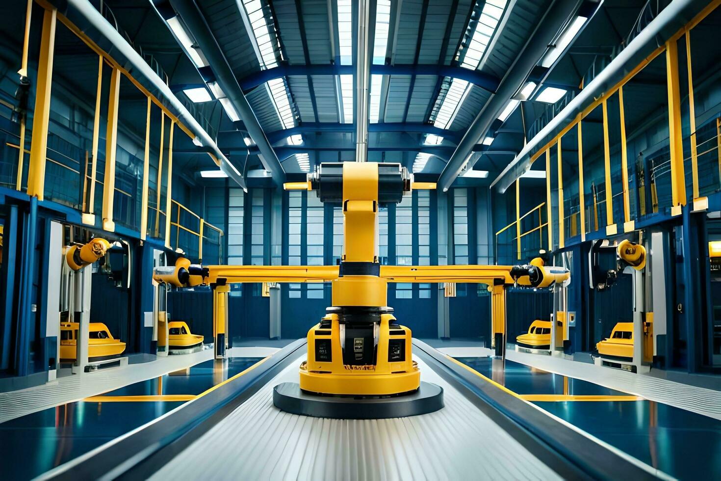 Roboter im ein Fabrik mit Gelb und Blau Beleuchtung. KI-generiert foto