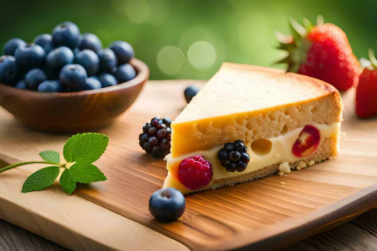 ein Scheibe von Käsekuchen mit Beeren auf ein hölzern Schneiden Tafel. KI-generiert foto