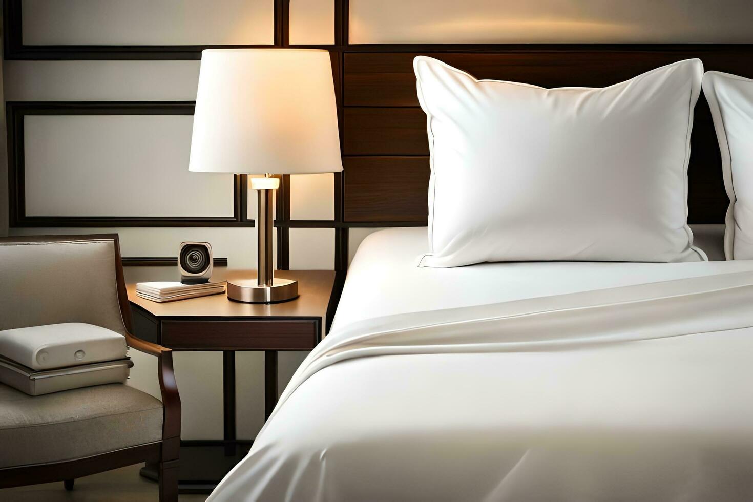 ein Weiß Bett mit zwei Kissen und ein Lampe. KI-generiert foto