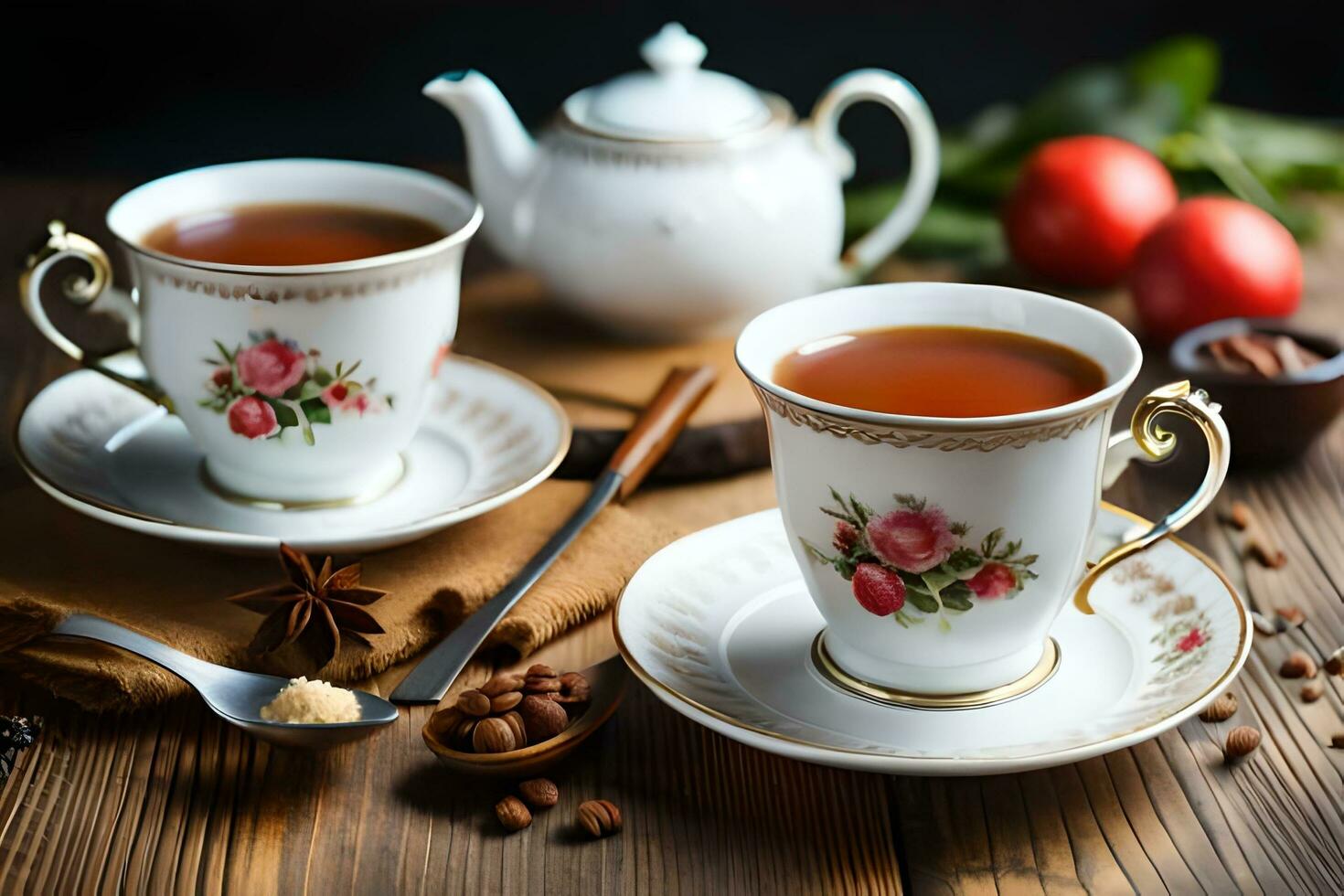 zwei Tassen von Tee mit Gewürze und Gewürze auf ein hölzern Tisch. KI-generiert foto