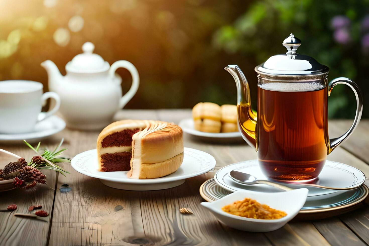 Tee und Kuchen auf hölzern Tisch. KI-generiert foto