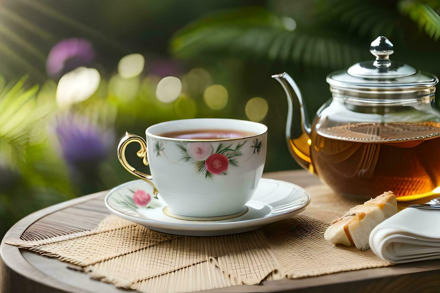 Tee und Tasse auf ein Tabelle mit ein Tee Topf und ein Untertasse. KI-generiert foto