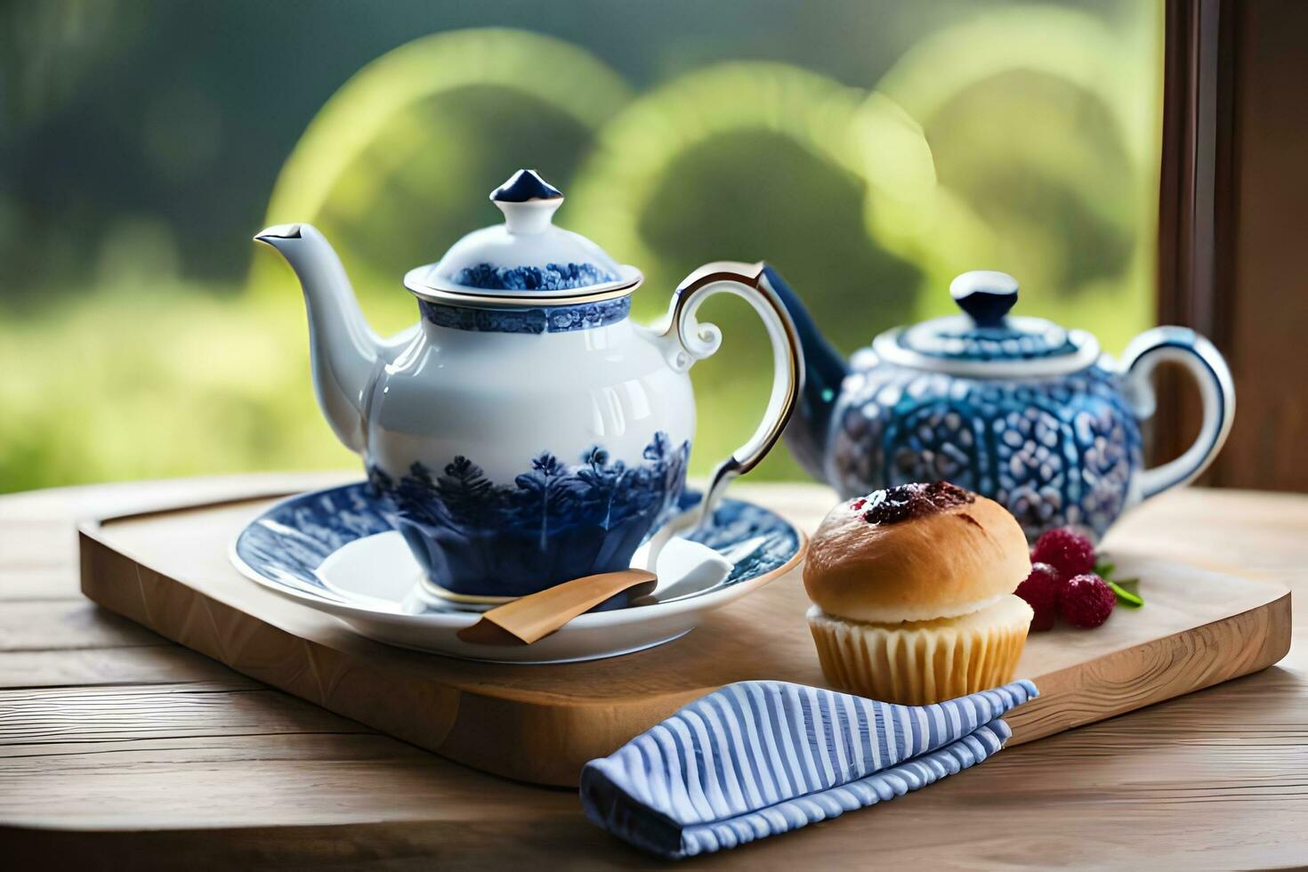 Tee und Tasse auf ein hölzern Tablett mit ein Aussicht von das Garten. KI-generiert foto